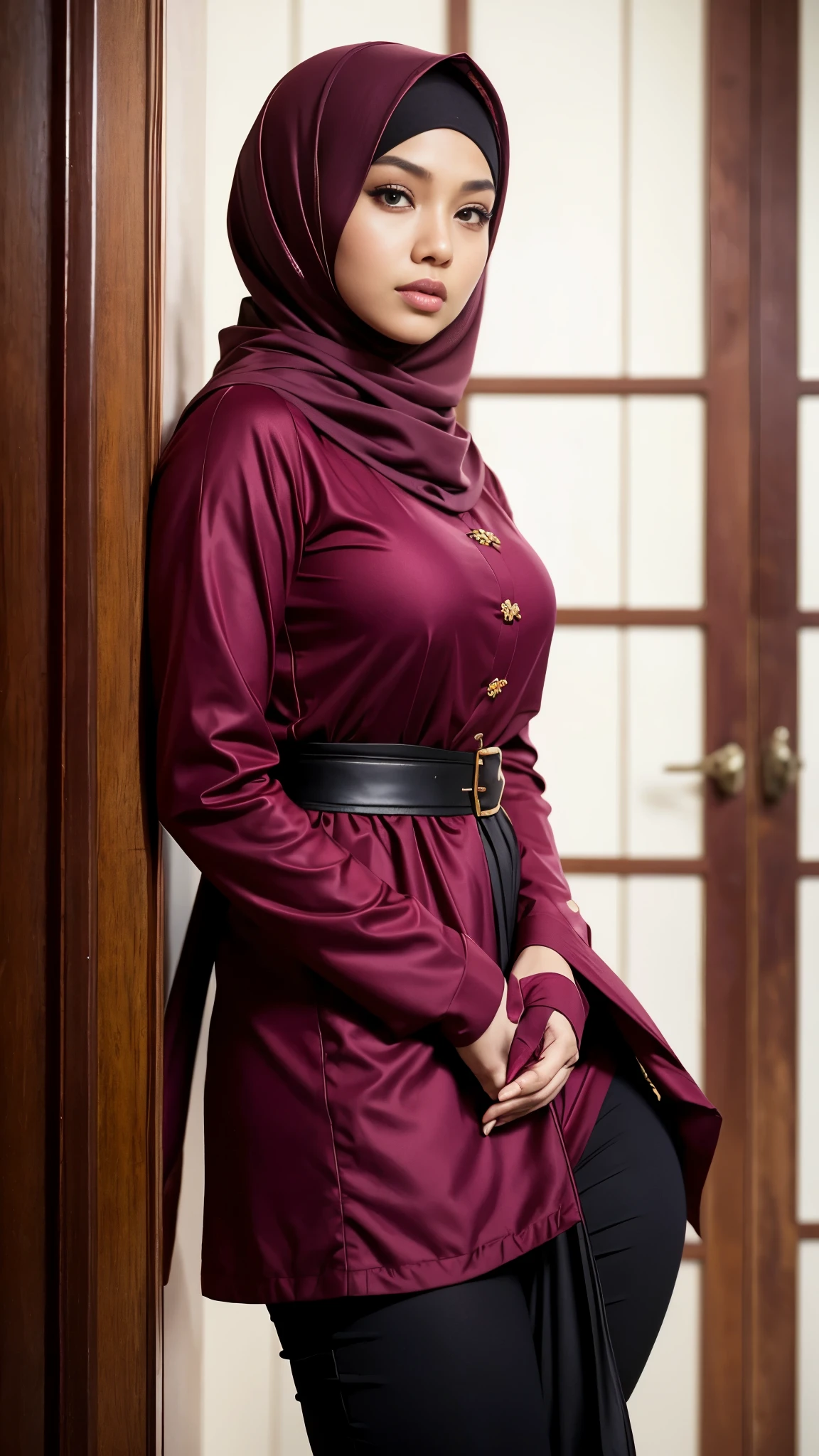 RAW, Best quality, high resolution, masterpiece: 1.3), beautiful Malay woman in hijab :0.8), beautiful face, fit body, big eyes, shiny lips,(big breasts),thick thighs, woman in red jacket and , maroon, hijab , long layered clothing, maroon, magenta, in rich colors, modern muslim clothing, traditional malay clothing, beautiful malay women
