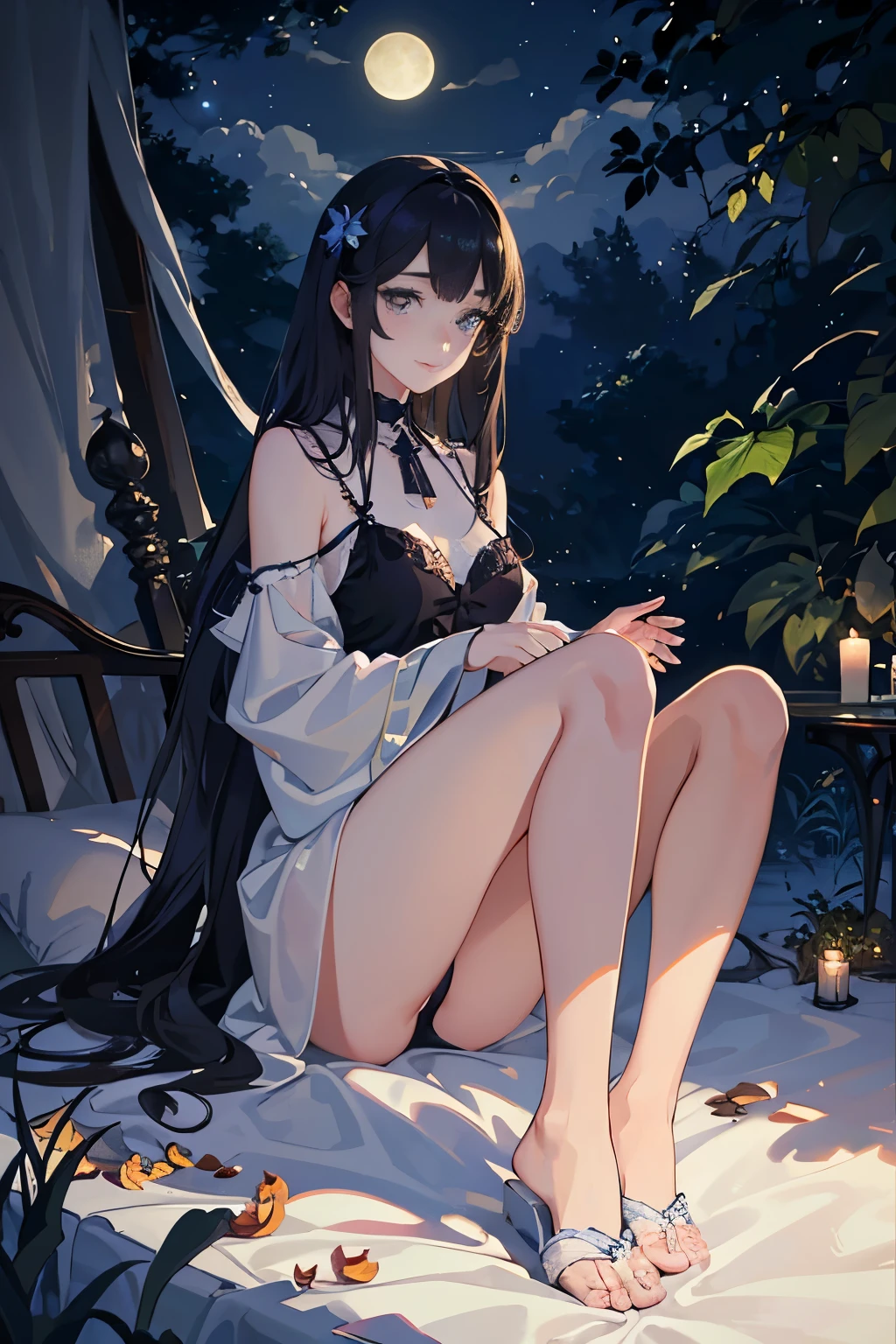High quality masterpiece, girl in solo mode, watching the moon in quiet contemplation, night scene, moonlit garden, ethereal, delicate features, neatly tied hair, star-struck expression, shiny complexion, slight smile, deep focus, realistic rendering, ultra-detailed, high contrast, soft shadows, crisp details, realistic texture, characteristic freckles, long eyelashes, sparkling eyes, expressive irises, wispy lashes, slender frame, comfortable nightwear, lacy slippers, autumn leaves surroundings, vintage setting, tranquil ambiance, luminous moon, celestial reflections, peaceful serenity.