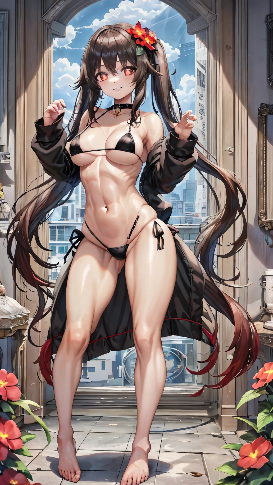 best quality, Ultra high resolution, 1 girl, (((wearing only a black micro bikini))), Black Choker, ((Happy smile)), (long red brown hair:1), ((Swollen eyes)), look for me, full body, red eyes, (((flower pupils))), Beautiful, in the bedroom, standing, bare feet, muscular belly, ((muscular thighs)), (((making a sexy pose))) , full-length photo, twintails, eye reflection, glowing eyes, sparkling eyes, flower-shaped pupils, high detail, anime, anime style, ray tracing, cinematic lighting, panorama, Nikon, masterpiece, UHD, accurate, anatomically correct, super detail, HD, highres, 16k
