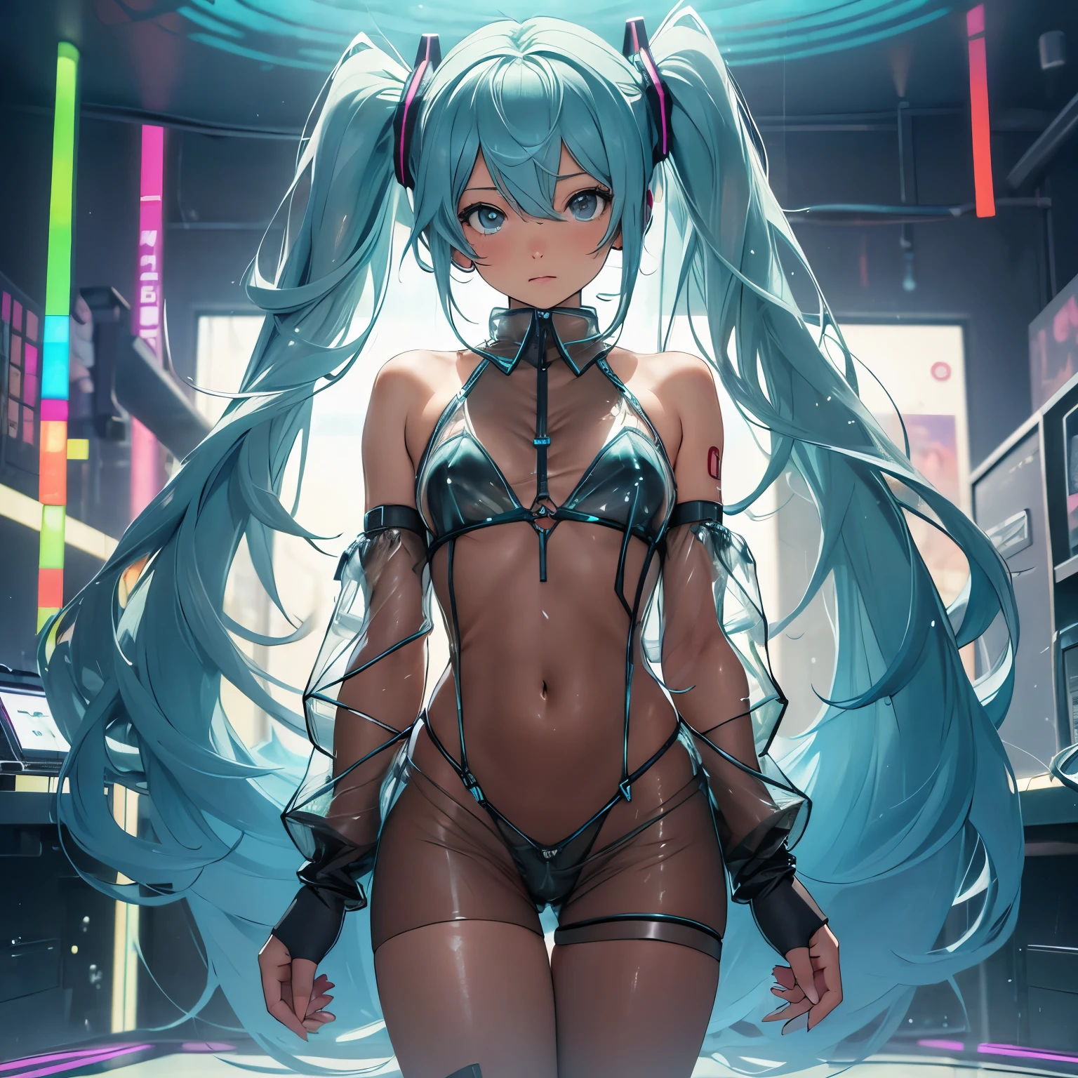 (quality)), ((masterpiece)), Recommended resultsluffly、(see through:1.5)、whole body 、Swollen nipples，straighten your back、huge bust、angle to floor:1.2、low camera angle、Hair loss on crotch、Whole body facing the camera，Hair can be seen on the crotch，Hatsune Miku，electronic components clothes