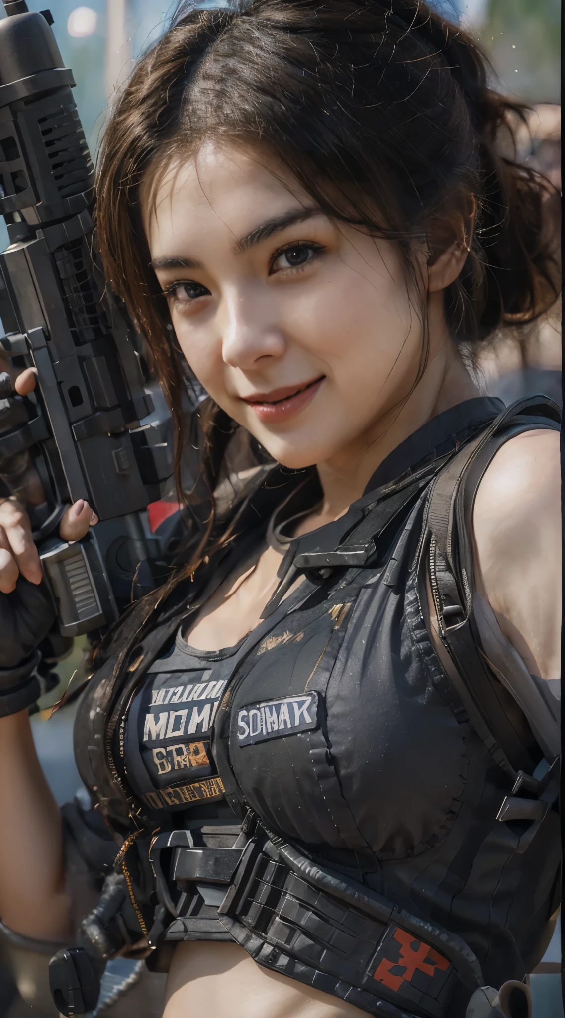 arafed woman in military uniform posing with a fire rifle, smiling sweetly, infantry girl, military girl, soldier girl, beautiful female soldier, (big breasts), mechanical soldier girl, deviantart cgscosiety art station, beautiful digital artwork, guweiz style artwork, ross tran 8 k, cgsociety high definition, cgsociety amazing