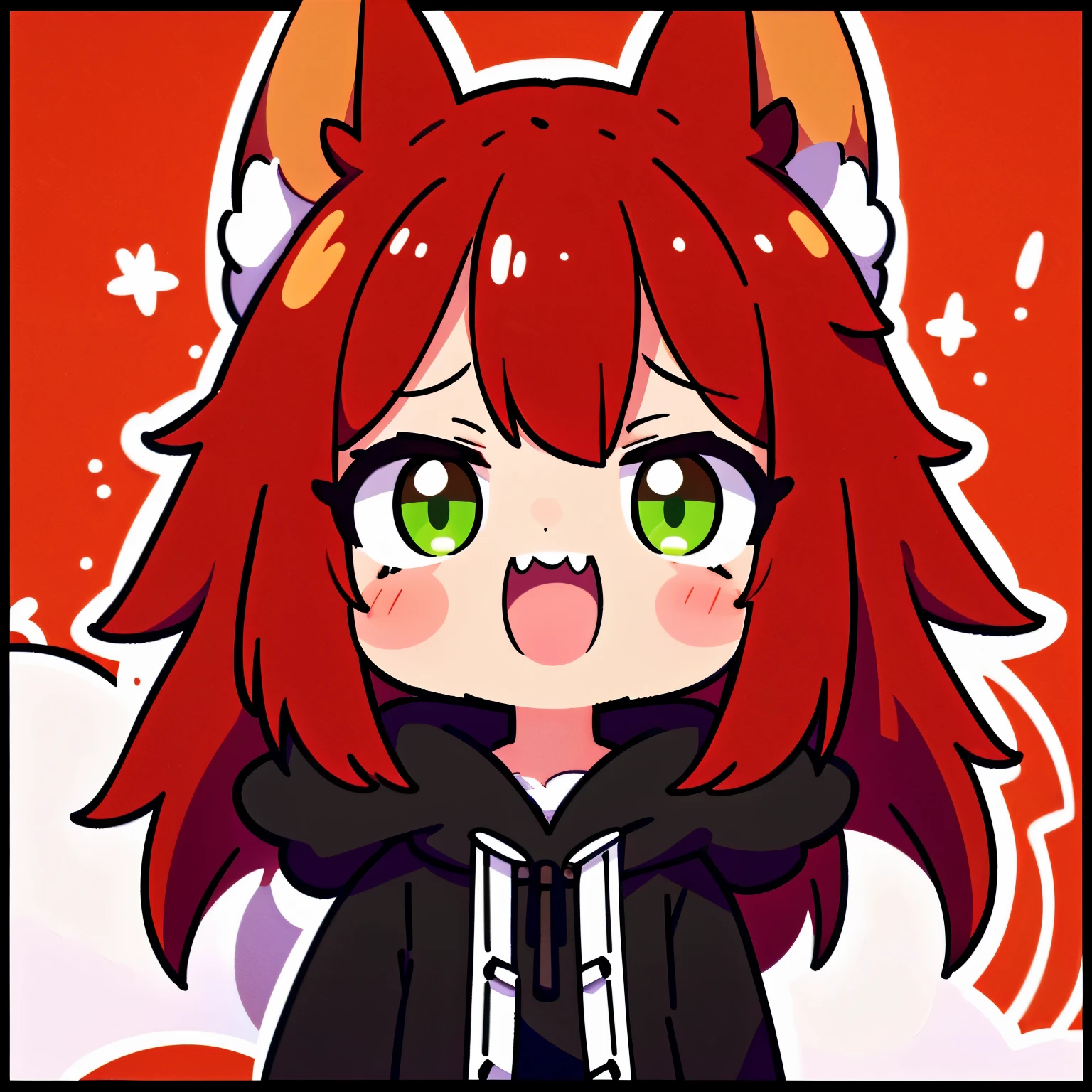 1girl, solo, long hair, (red hair, green eyes with vertical pupil), fox ears, long black coat, black fur hood, red fox tail, vertical scar, right eye obscured, expression, sharp teeth, arrogant look