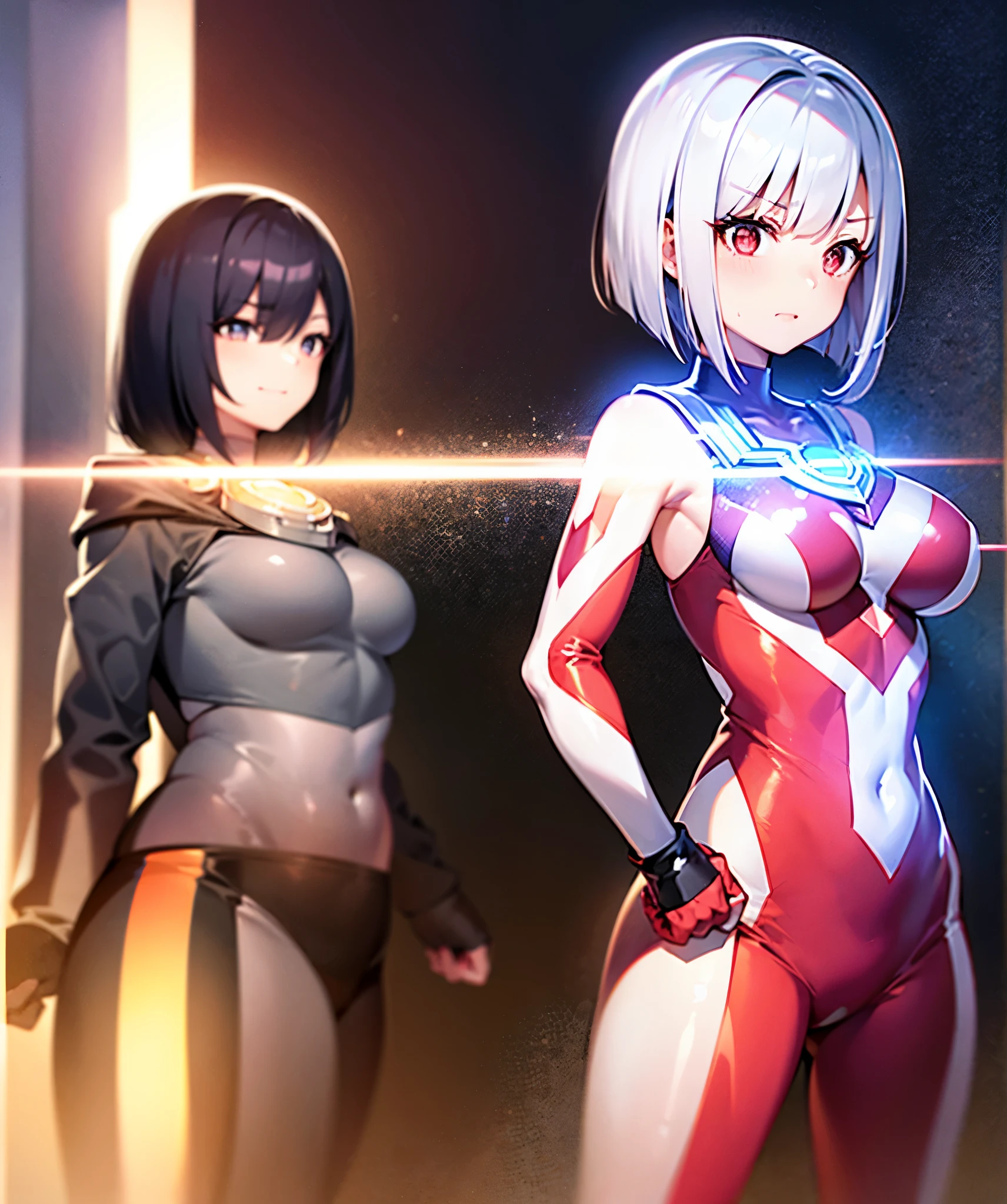 girl,return,redhead,short bob,red eyes, (Ultra Girl :1.0), silver and red ultraman bodysuit, Upper body, put your hands on your hips,fist,big breasts