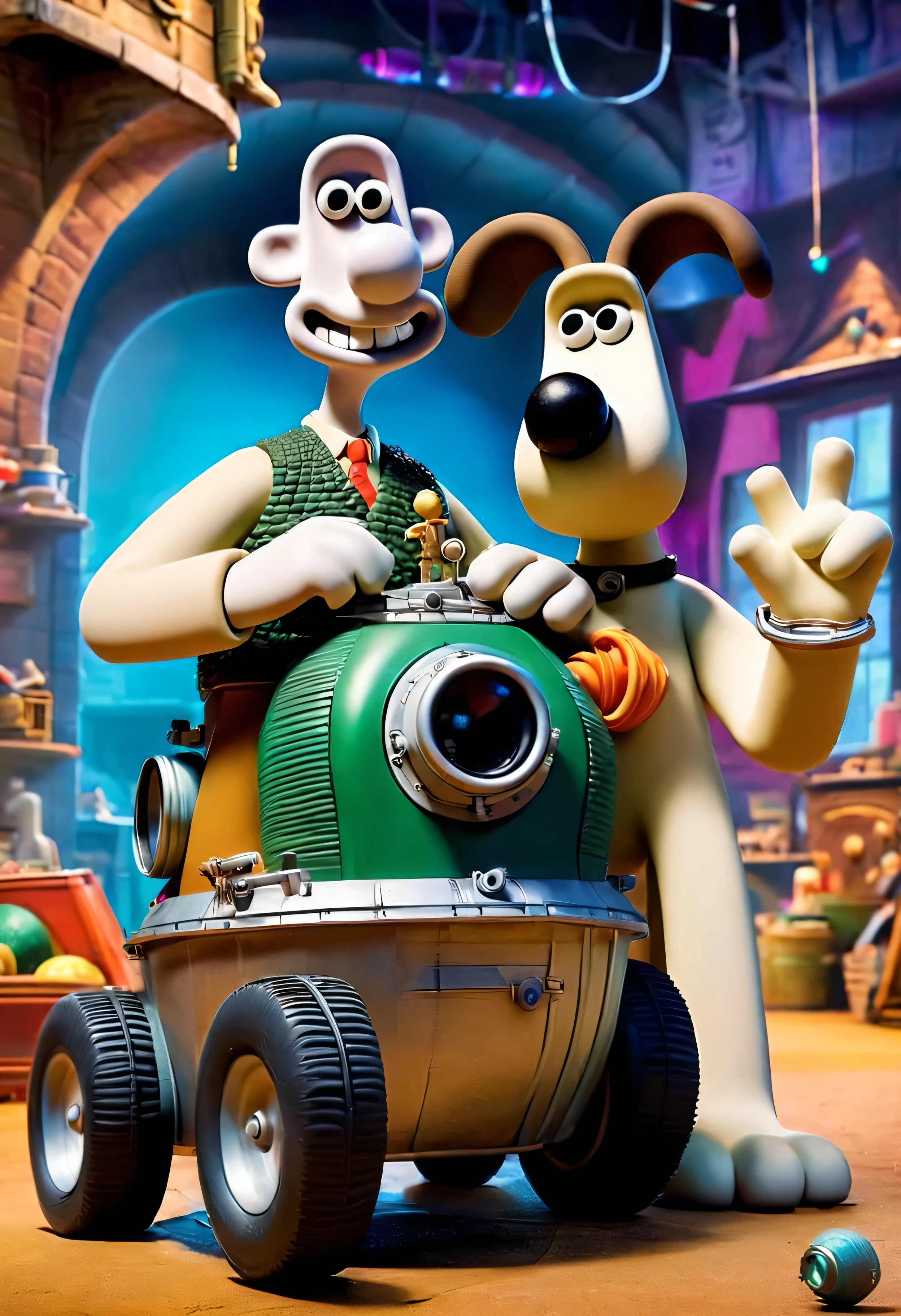 wallandgrom, friends, 1man and 1dog looking at viewer, 3d \(artwork\), Wallace and Gromit embark on a fantastical journey through time and space aboard their makeshift time machine, fashioned from a repurposed washing machine and a generous dose of Wallace's trademark ingenuity. With goggles strapped securely in place and Gromit ever vigilant at the controls, they hurtle through the ages, encountering dinosaurs, ancient civilizations, and futuristic worlds with equal parts wonder and whimsy. From narrowly escaping the clutches of a prehistoric predator to outsmarting a mischievous robot army, each leg of their journey is an exhilarating adventure filled with laughter, danger, and the unbreakable bond of friendship. As they traverse the fabric of time itself, Wallace and Gromit prove that no adventure is too grand when embarked upon with a loyal companion by your side