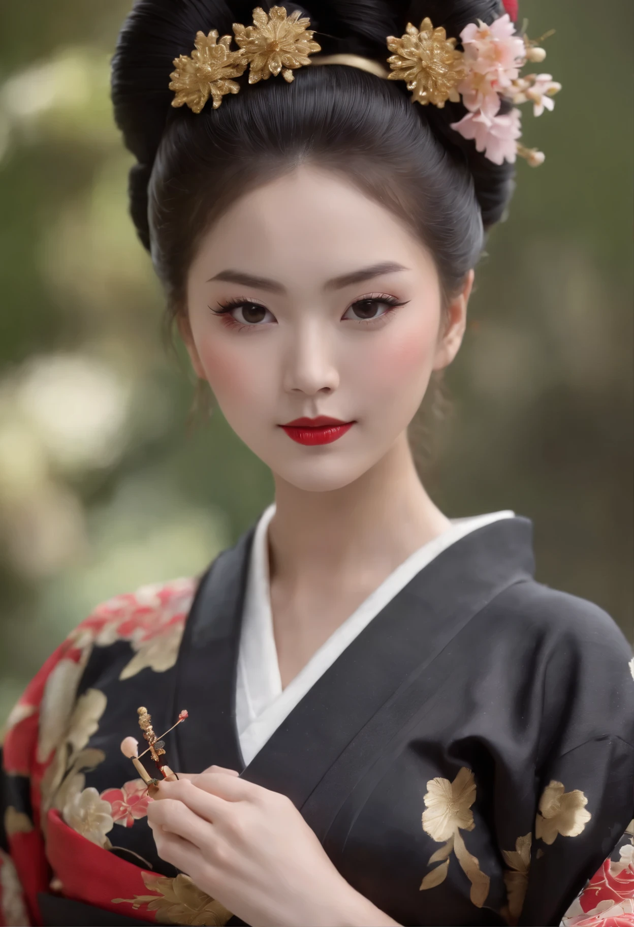 detailed realistic image of ung divine and gorgeously decorated oiran, (full body shot:1.5), traditional japanese beauty, sexual (black kimono:1.5) with (((gold))) and pink complex intricate highly detailed traditional pattern, (((traditional intricate geisha hairstyle, hair sticks, kanzashi, kanoko, bira-bira, japanese traditional women's hair ornaments))), flirts with camera, seducing smile, ultra sexy, fancy makeup, heavy eye makeup, red lipstick, big breasts, cleavage, traditional japanese interior, (Best Quality, 16K, Masterpiece, UHD, Ultra quality cinematic lighting, Huge detail, Well lit, 35mm, sharp, hyper realistic, epic scale, insane level of details, beautiful detailed girl, very detailed eyes and face, beautiful detailed eyes, ultra detailed skin, realistic skin)