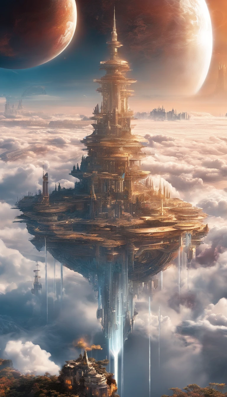 ((A vast world above the clouds:1.2)), (((Clouds as far as the eye can see))), (A large and magnificent castle in the center), The castle town spreads around the castle, Countless birds flying around the castle, during daytime, The sky is clear, (Photorealsitic, 8K, masutepiece,smoke,fire,watch