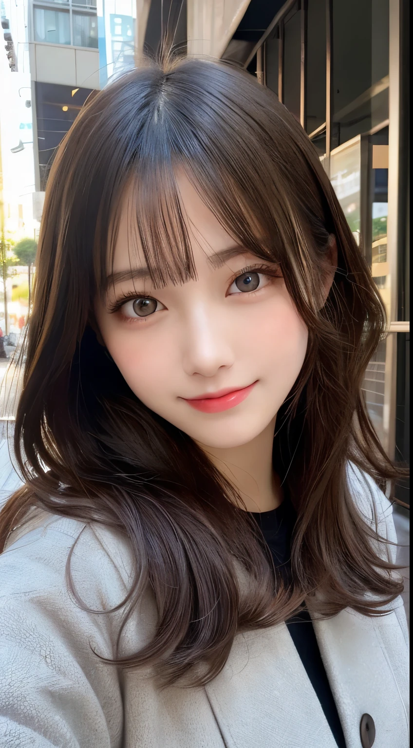 table top, highest quality, shape, Super detailed, finely, High resolution, 8k wallpaper, 完璧なダイナミックな構shape, beautiful and detailed eyes, tokyo trend冬ファッション,tokyo trend＆Introducing cute hairstyles at random, small breasts, natural color lip, random sexy pose,cute smile,big city、20 year old girl、beautiful and detailed face、perfect and beautiful face,Big eyes、Wear fluffy black outerwear with fur、beautiful detailed face、perfect and beautiful double eyelids、blur the background、perfect and beautiful face、Feminine poses、blur the background