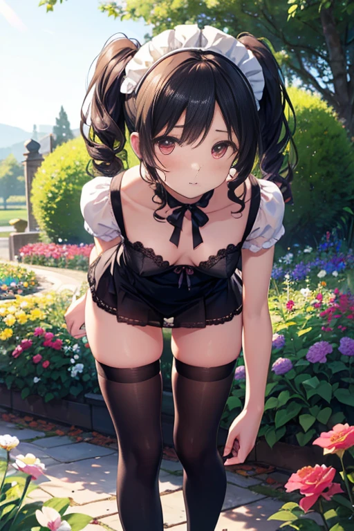 (masterpiece),maid,apprentice girl,ta,black hair,show small breasts,Brown nipples,Pink Lace Pants,Gothic mini skirt,leaning forward,Sticking ass,satin fabric slip,,Natural light, realistic, diffused light, Looking up from behind,vapor, (), (urinate,leakage, curly pigtails,Thighhighs,ankle length mini dress,embarrassing red face,,in front of the flower bed in the garden,