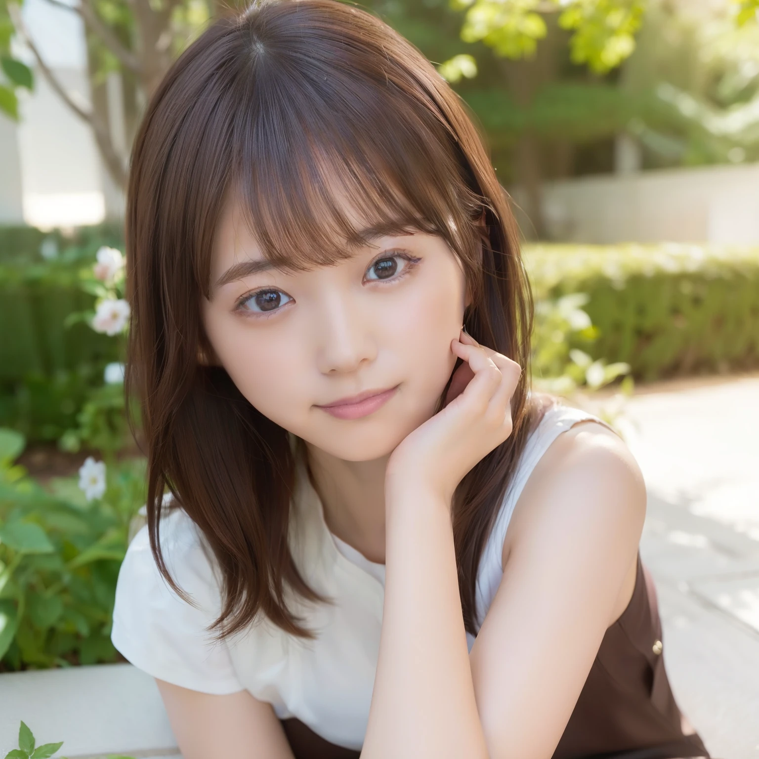 8k RAW photo,highest quality, highest quality:1.1, masterpiece:1.3,Super high resolution, (realistic:1.4), RAW photo, (upper thigh:1.5, From the side), natural skin texture:1.1, Realistic eye and face details:1.2, lip whole,(background is blurry:1.4), (in a suite), 1 japanese girl, cute, (alone:1.6), (shy smile), (dark brown eyes), ahegao,Smoother skin, (brown medium hair,bangs), (touch hair:1.4),Nogizaka,garden,suit、full body esbian、:1.5、office lady:1.2
