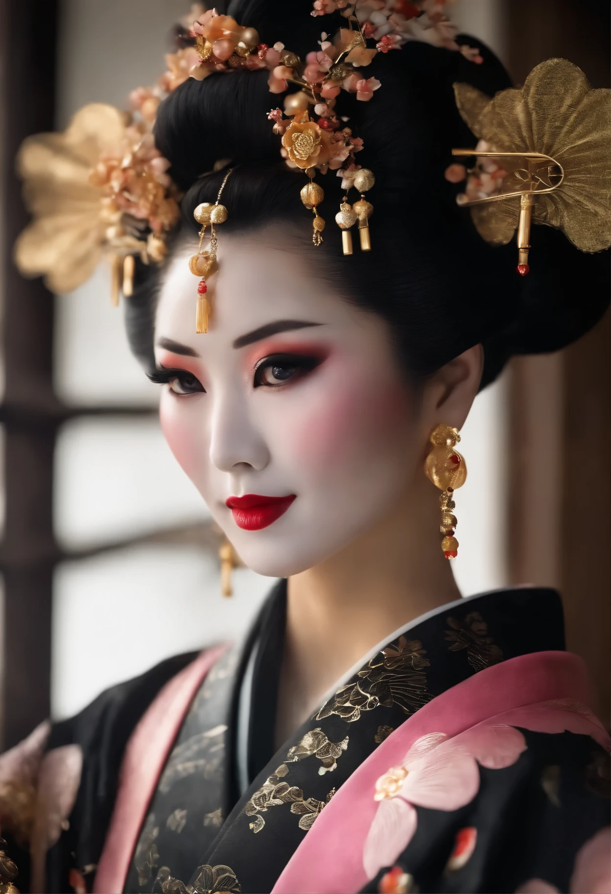 detailed realistic image of 1 young divine and gorgeously decorated oiran, (full body shot:1.5), traditional japanese beauty, sexual (black kimono:1.5) with (((gold))) and pink complex intricate highly detailed traditional pattern, (((traditional intricate geisha hairstyle, hair sticks, kanzashi, kanoko, bira-bira, japanese traditional women's hair ornaments))), flirts with camera, seducing smile, ultra sexy, fancy makeup, heavy eye makeup, red lipstick, big breasts, cleavage, traditional japanese interior, (Best Quality, 16K, Masterpiece, UHD, Ultra quality cinematic lighting, Huge detail, Well lit, 35mm, sharp, hyper realistic, epic scale, insane level of details, beautiful detailed girl, very detailed eyes and face, beautiful detailed eyes, ultra detailed skin, realistic skin)
