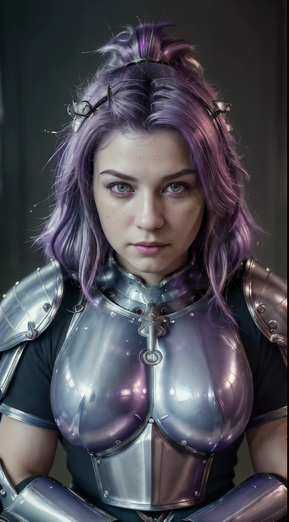 (best quality,4k,highres,masterpiece:1.2),ultra-detailed,realistic, HDR photography, vivid colors,bokeh,portrait,studio lighting,woman,purple hair,half shaved, silver armor, sacred paladin