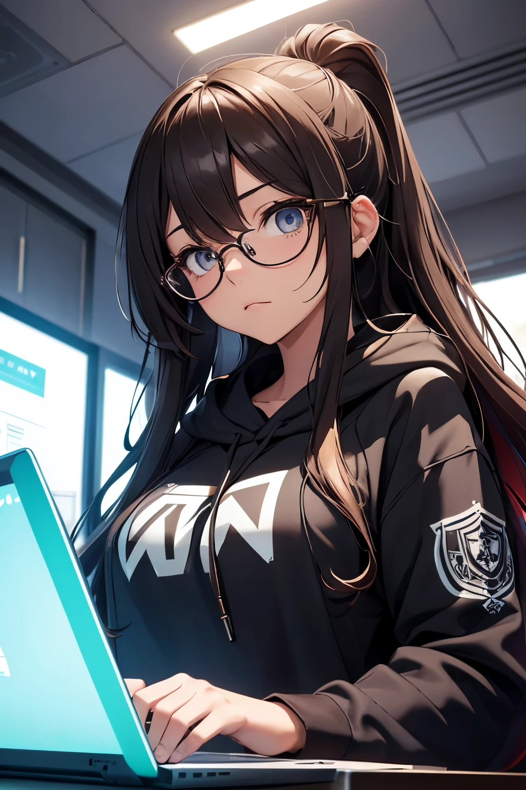 Create an engaging portrait of a gamer girl, her long brown hair cascading down her back in soft waves, framing her face as she peers intently through the lenses of her glasses. She is comfortably clad in a black hoodie, the fabric stretched taut over her shoulders and sleeves, hinting at her relaxed yet focused demeanor. The intricate details of her hoodie and the subtle shading of the fabric under the soft light create a striking contrast against the simplicity of her laptop setup. With a controller in hand and a determined expression on her face, she is fully immersed in the colorful and lively virtual world of her game. The room around her is dimly lit, creating