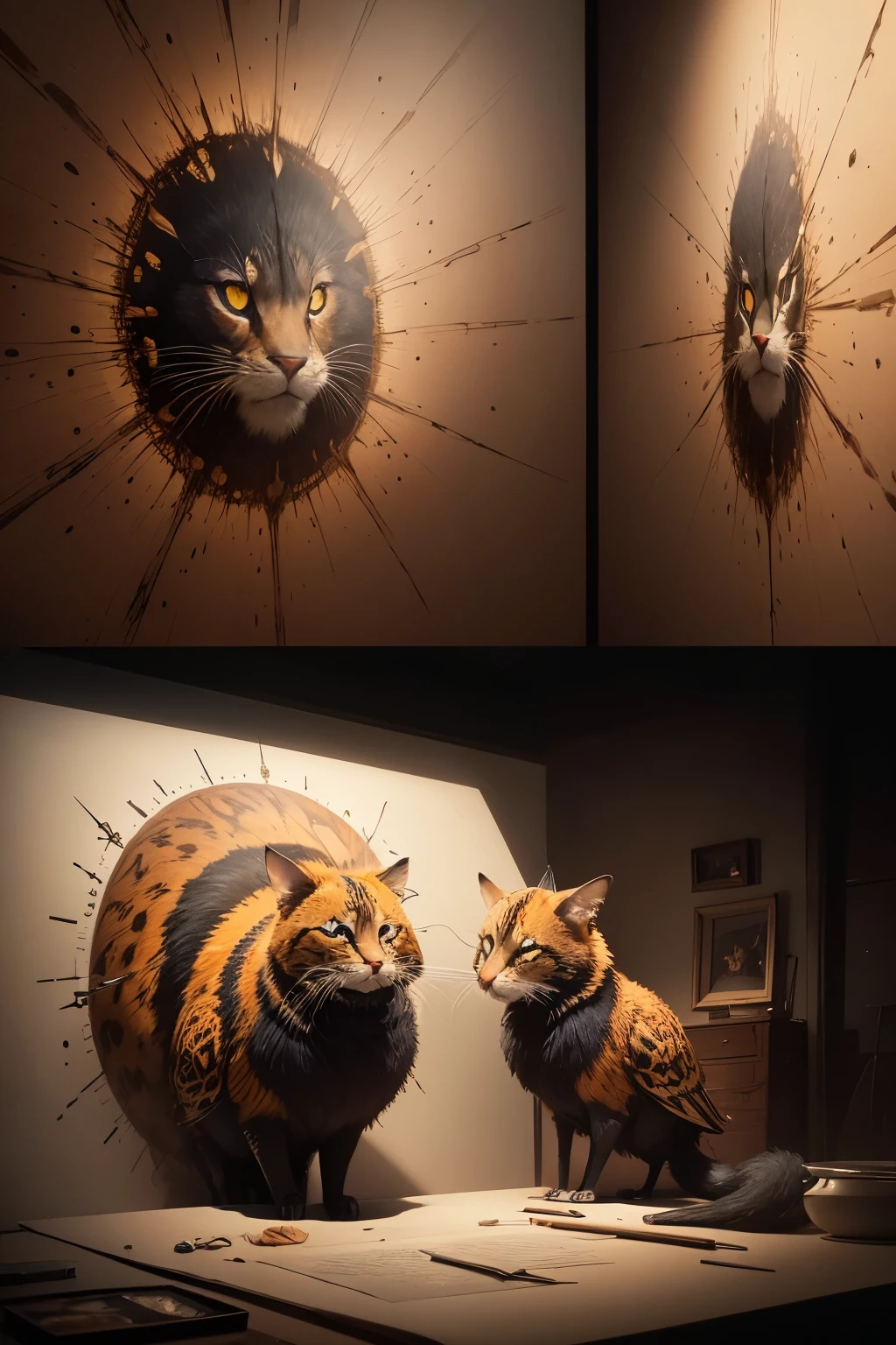 In the heart of a surrealist painting, a vivid and intricately detailed scene unfolds. A canvas comes to life, showcasing an extraordinary collection of animals in ultra definition (16k). Each stroke of the brush is carefully crafted, infusing the work with an unprecedented level of realism. The animals are an eclectic mix of the mundane and the fantastical, inviting viewers to ponder the impossible. The image's style remains authentic to the surrealist genre, with a dreamlike quality that defies logic and sparks the imagination.