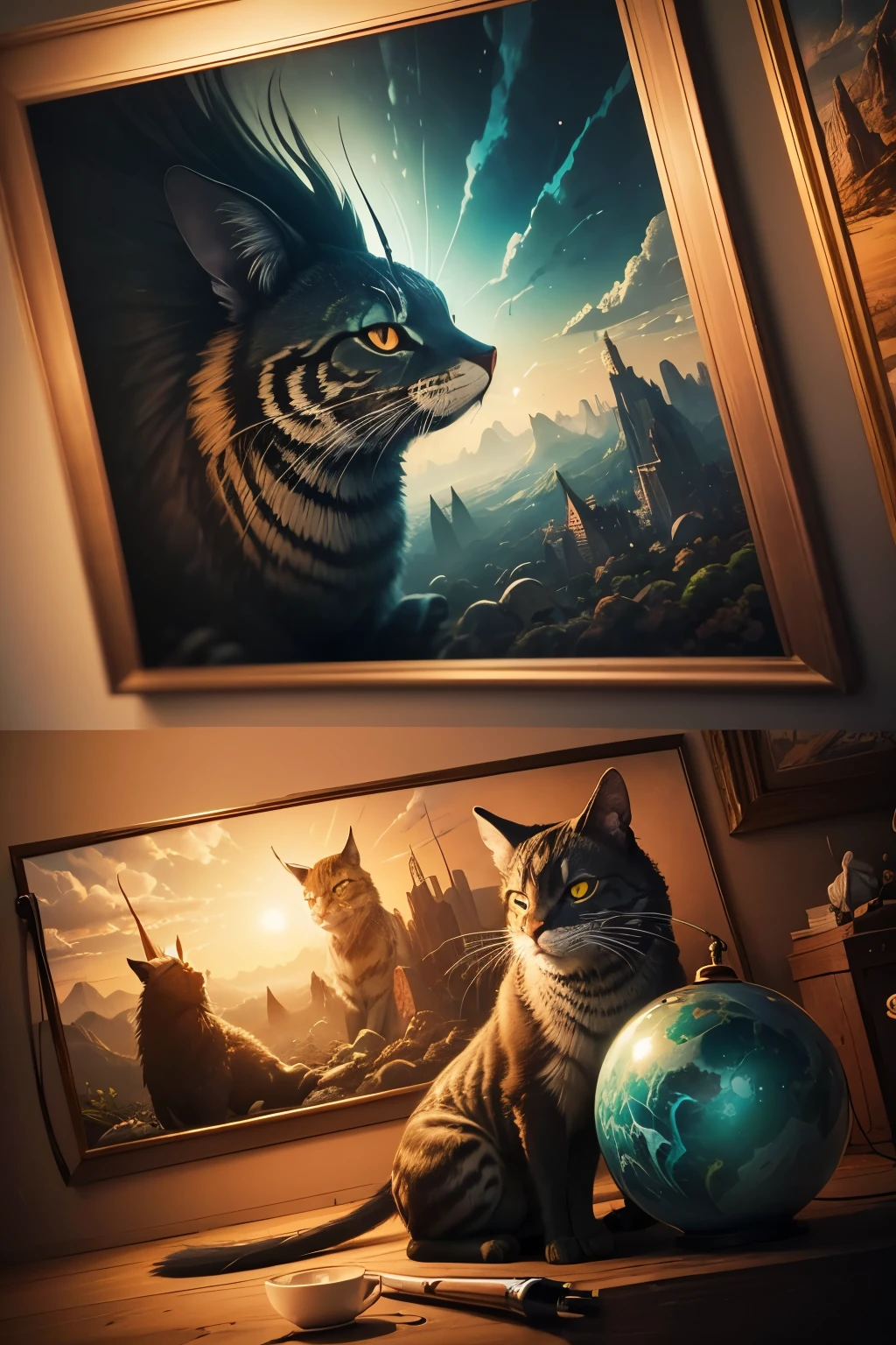 In the heart of a surrealist painting, a vivid and intricately detailed scene unfolds. A canvas comes to life, showcasing an extraordinary collection of animals in ultra definition (16k). Each stroke of the brush is carefully crafted, infusing the work with an unprecedented level of realism. The animals are an eclectic mix of the mundane and the fantastical, inviting viewers to ponder the impossible. The image's style remains authentic to the surrealist genre, with a dreamlike quality that defies logic and sparks the imagination.