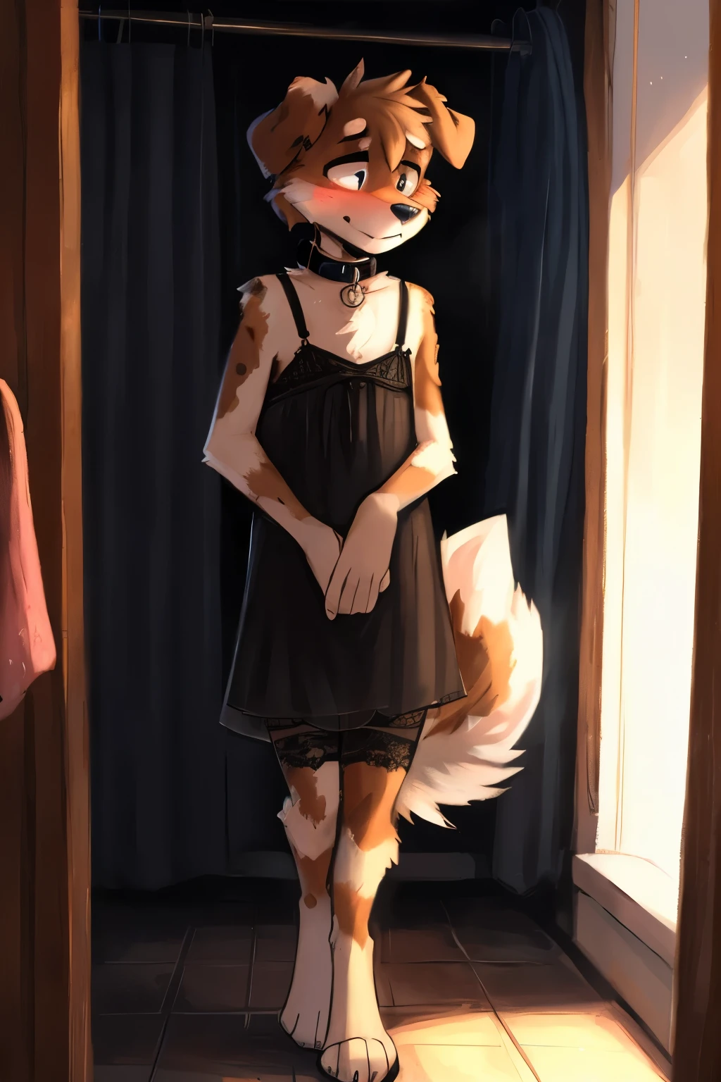 by Zackary911, kenket, kilinah, Zackary911, uploaded to e621, 8k, ultra detailed, solo, (twink), dark, ((Australian shepard)), male, slender, beautiful and detailed illustration, short hair, digitigrade legs, very fluffy detailed fur, fluffy tail, (long slip dress, garter, collar), changing room, small bulge, fluffy hips, embarrassed