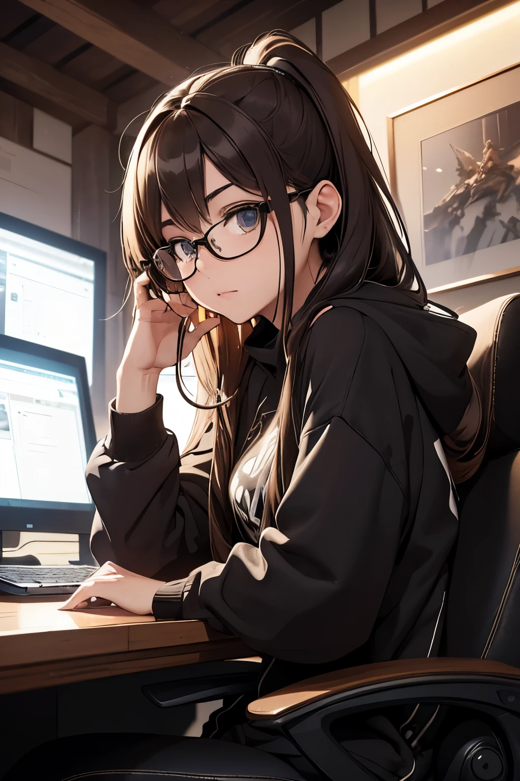 (Breathtakingly detailed), (masterpiece), gamer girl with long brown hair cascading down her back, (wearing a snug-fitting black hoodie and glasses perched upon her nose), (intricately designed) glasses frames, (relaxed and comfortable) posture, (intently focused) expression, (surrounded by) gaming paraphernalia, (scattered around the scene), (realistic and textured) computer monitor, (keyboard and controller,) (detailed shadows) casting over the scene, (soft and warm) ambient lighting, (giving a sense of immersion and escape) to the viewer.