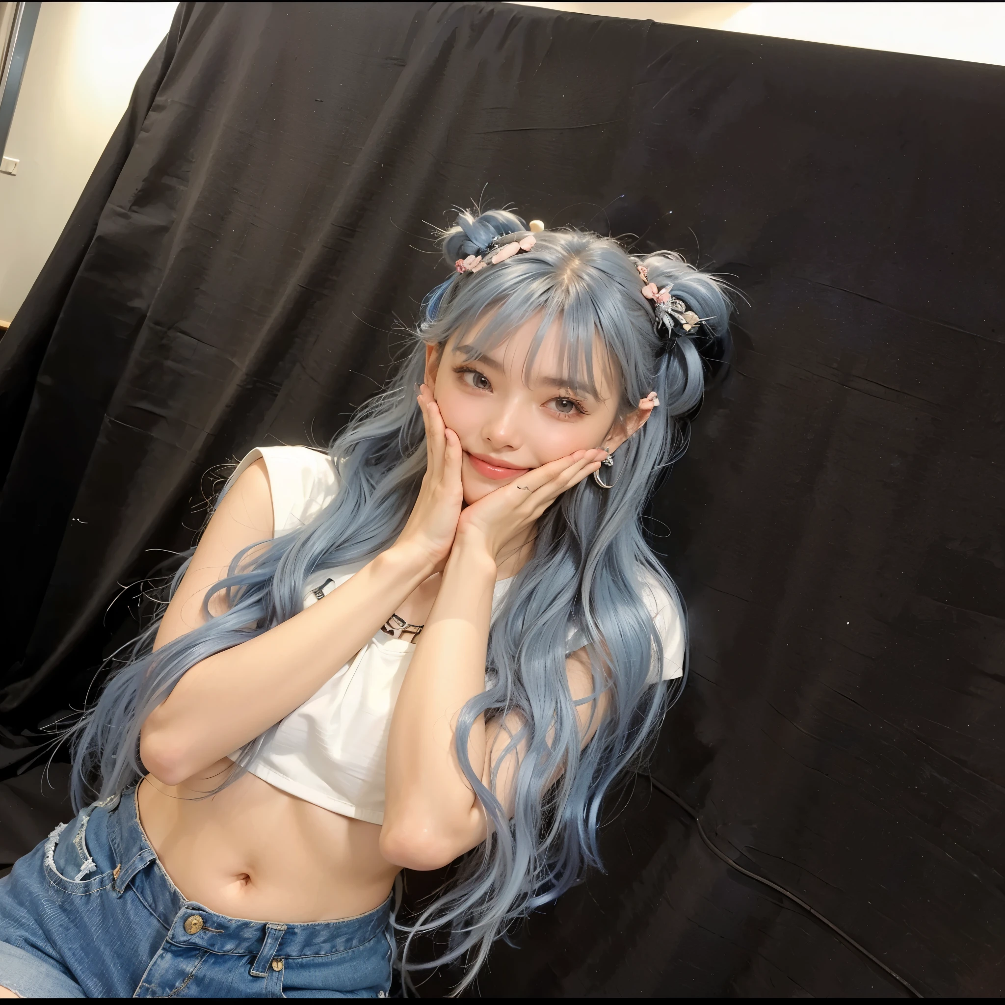 Blue haired arafed woman posing for a photo, Ulzzang, sakimichan, Belle Delphine, silver hair (ponytail), Larisa Manobar, hair whitebangs hair, e girl, e-girl, long white hair and bangs, sky blue straight hair, With bangs, with full bangs, Blue gray, shikamimi, highest quality,8K, Detailed facial depiction, Detailed description of the eyes, silver hair,(long wavy hair),1 girl, 21 years old, taking off underwear, Bear Breast, Because I'm slender, small breasts, sit with legs apart, smile, Colorful earrings, necklace, Fine, clean skin,transparent skin,(smile),((smiling showing teeth))