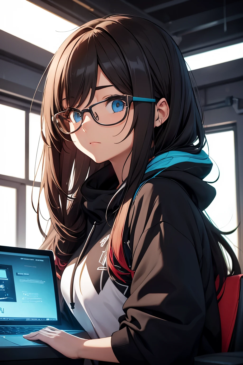 Create an engaging portrait of a gamer girl, her long brown hair cascading down her back in soft waves, framing her face as she peers intently through the lenses of her glasses. She is comfortably clad in a black hoodie, the fabric stretched taut over her shoulders and sleeves, hinting at her relaxed yet focused demeanor. The intricate details of her hoodie and the subtle shading of the fabric under the soft light create a striking contrast against the simplicity of her laptop setup. With a controller in hand and a determined expression on her face, she is fully immersed in the colorful and lively virtual world of her game. The room around her is dimly lit, creating