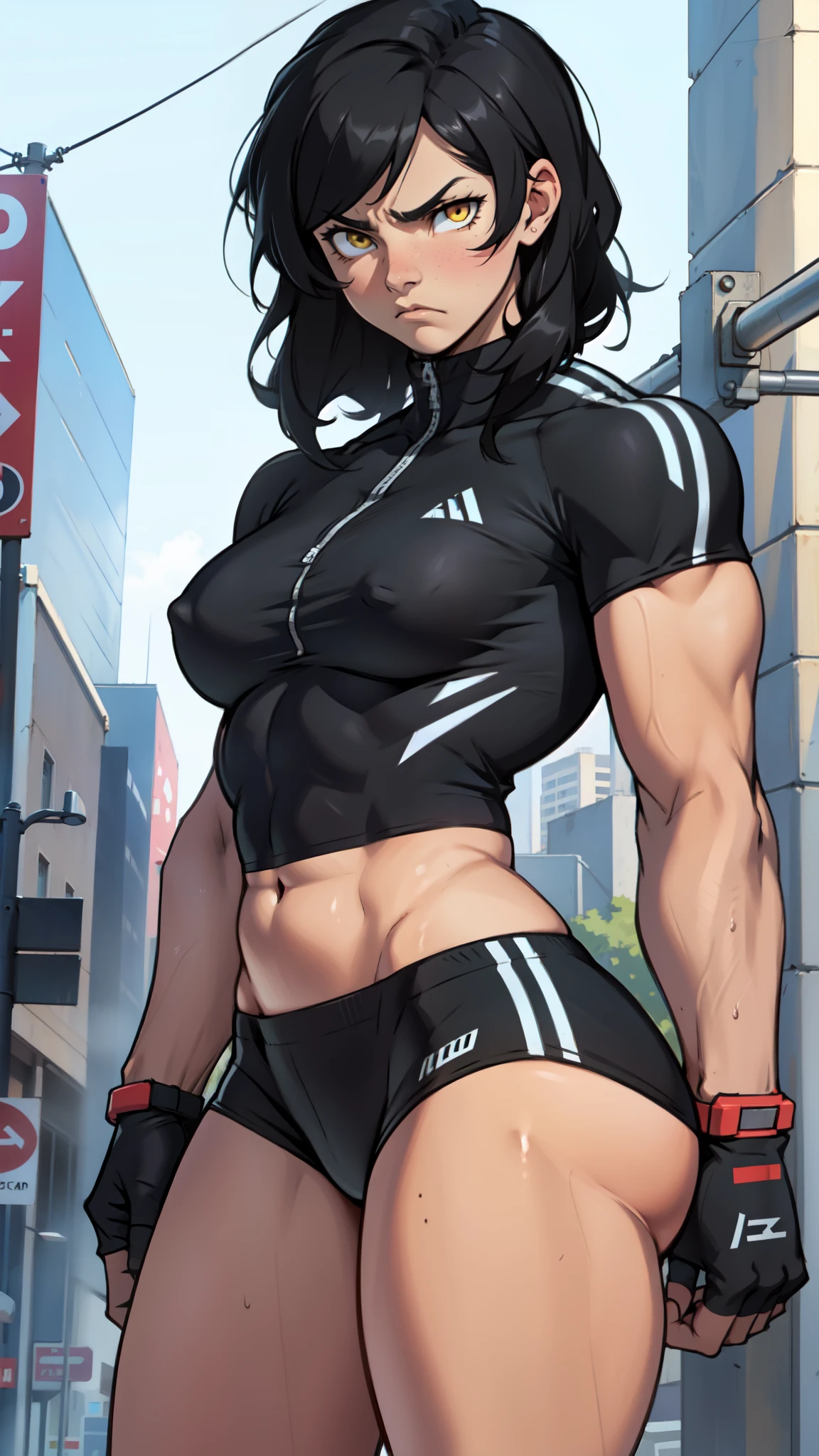 athletic girl muscular girl toned body girl sad frown black hair yellow eyes