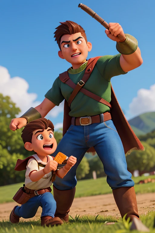 Create a series of illustrations inspired by the story of Herick, a young dreamer from the village of São Miguel who becomes a local superhero. Begin with an image of Herick assisting his grandfather on the farm, highlighting his determined traits. Next, illustrate the moment he saves his grandfather from a dog attack, capturing the heroic action and the courage on his face. Proceed to depict Herick training with his friends, honing his skills, culminating in the creation of his symbolic costume. Finally, portray Herick patrolling the village, interacting with the residents, and maintaining peace. Ensure that the illustrations convey the message that anyone can be a hero with courage, compassion