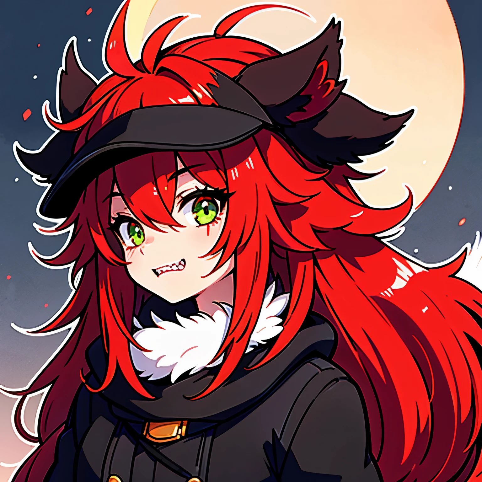 1girl, solo, long hair, red hair, green eyes with vertical pupil, fox ears, long black coat, black fur hood, red fox tail, vertical scar, right eye obscured, expression, sharp teeth