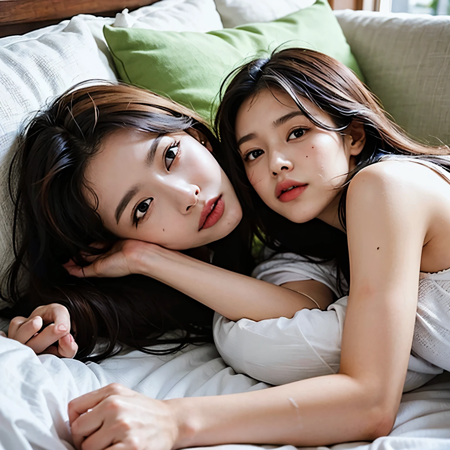 A woman and a man, lying next to each other, messy a little after a hot and lovely night