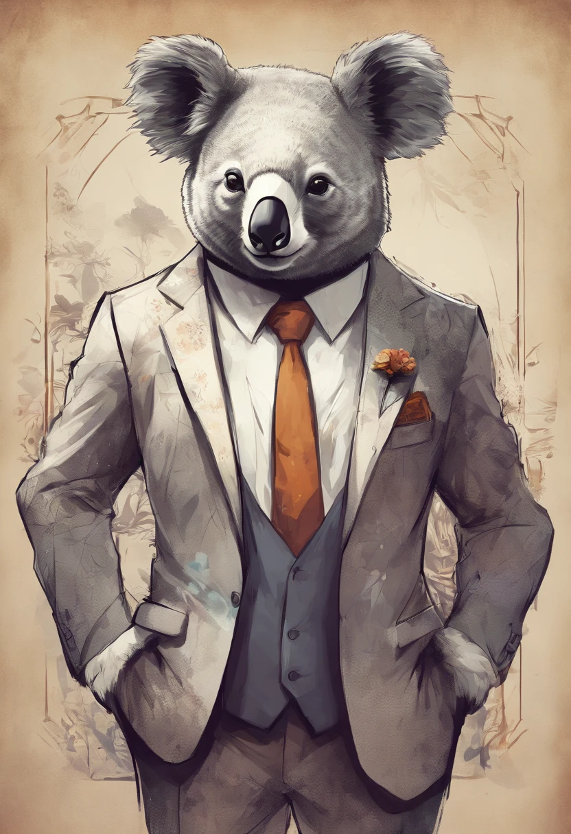 anthropomorphic koala, de cuerpo entero, vestido formalmente con un blazer, sostiene una bandeja, pegatina de panda, sticker de panda.