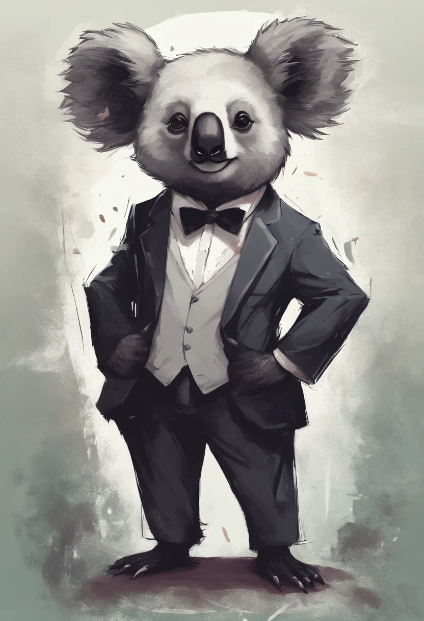 anthropomorphic koala, de cuerpo entero, vestido formalmente con un blazer, sostiene una bandeja, pegatina de panda, sticker de panda.