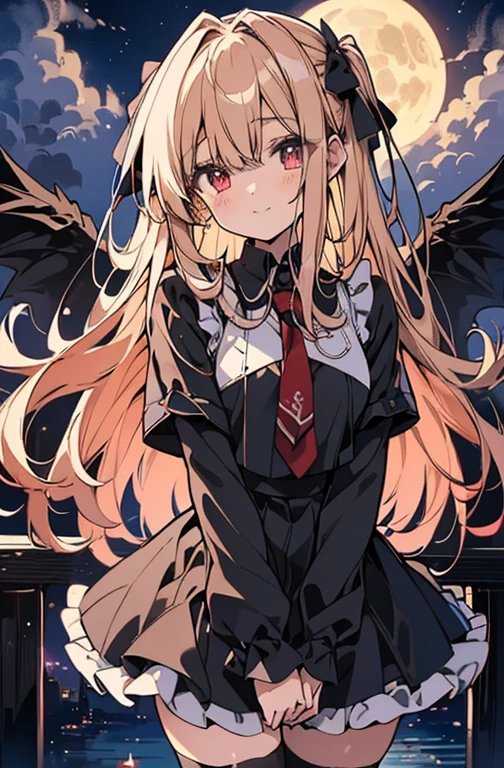 ((highest quality))、((8K))、((High resolution))、((masterpiece))、((Super detailed))、(One )、((Looking at the camera from the front))、((photo from the knees up))、((standing))、spread both arms、golden hair that shines golden、Red eyes that sparkle like jewels、beautiful and smooth long hair、Big, strong eyes、A triumphant smile、((Perfect and beautiful fingertips))、School swimsuit with deep dark color、Gothic ta with a noble atmosphere、(black stockings)、floating、moonlight、moonlight、Western cityscape、hair fluttering、Bewitching atmosphere