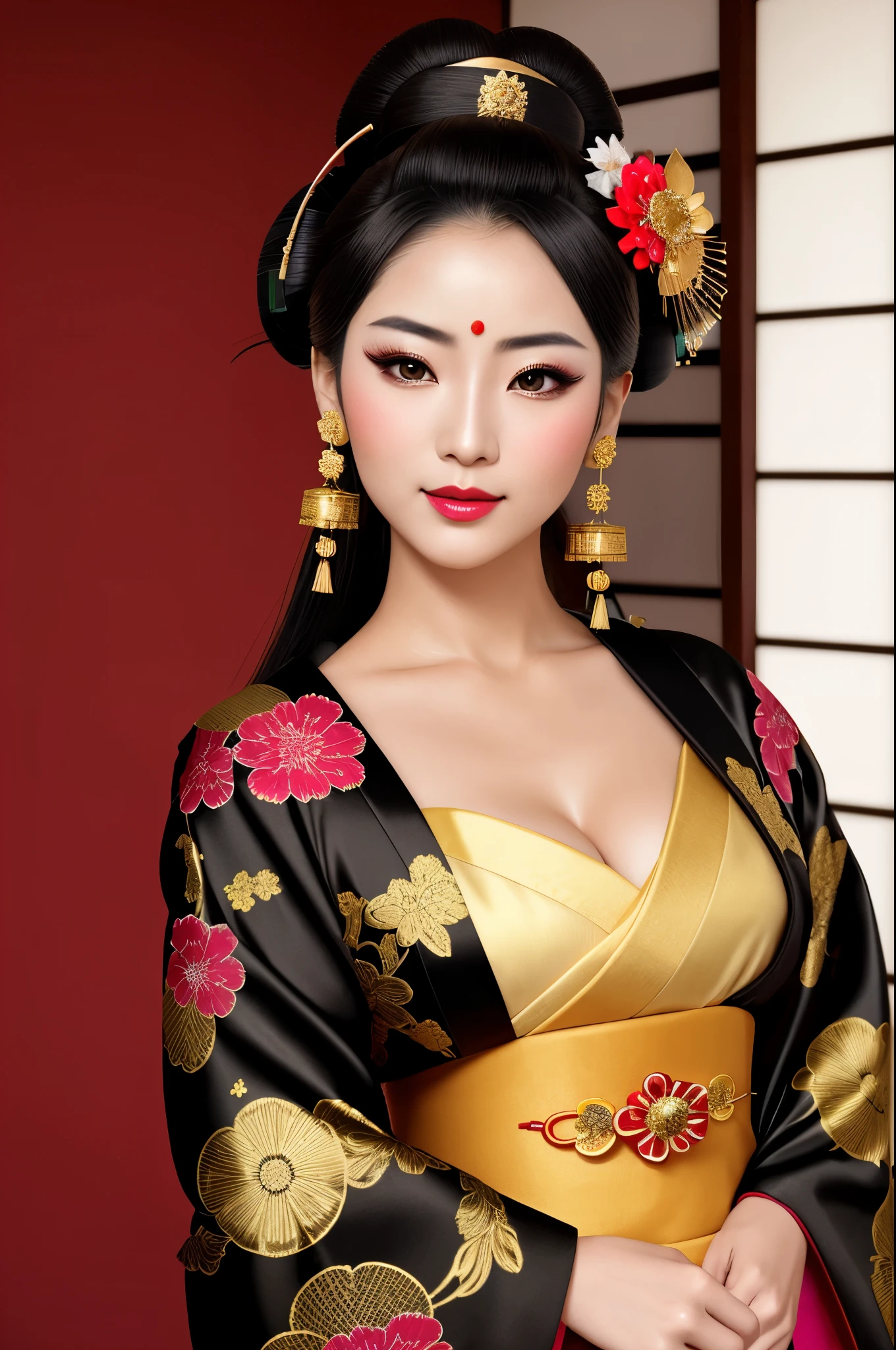 detailed realistic image of 1 young divine and gorgeously decorated oiran, (full body shot:1.5), traditional japanese beauty, sexual (black kimono:1.5) with (((gold))) and pink complex intricate highly detailed traditional pattern, (((traditional intricate geisha hairstyle, hair sticks, kanzashi, kanoko, bira-bira, japanese traditional women's hair ornaments))), flirts with camera, seducing smile, ultra sexy, fancy makeup, heavy eye makeup, red lipstick, big breasts, cleavage, traditional japanese interior, (Best Quality, 16K, Masterpiece, UHD, Ultra quality cinematic lighting, Huge detail, Well lit, 35mm, sharp, hyper realistic, epic scale, insane level of details, beautiful detailed girl, very detailed eyes and face, beautiful detailed eyes, ultra detailed skin, realistic skin)