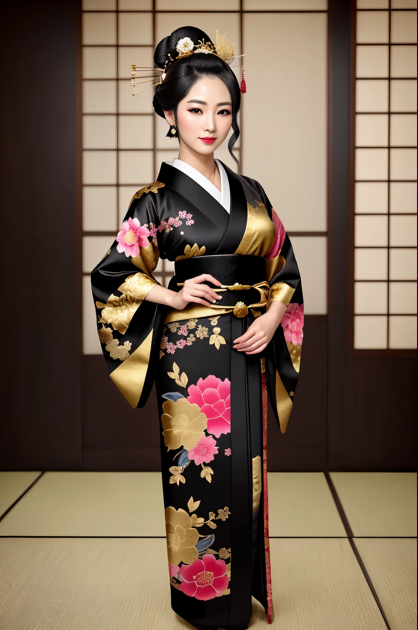 detailed realistic image of 1 young divine and gorgeously decorated oiran, (full body shot:1.5), traditional japanese beauty, sexual (black kimono:1.5) with (((gold))) and pink complex intricate highly detailed traditional pattern, (((traditional intricate geisha hairstyle, hair sticks, kanzashi, kanoko, bira-bira, japanese traditional women's hair ornaments))), flirts with camera, seducing smile, ultra sexy, fancy makeup, heavy eye makeup, red lipstick, big breasts, cleavage, traditional japanese interior, (Best Quality, 16K, Masterpiece, UHD, Ultra quality cinematic lighting, Huge detail, Well lit, 35mm, sharp, hyper realistic, epic scale, insane level of details, beautiful detailed girl, very detailed eyes and face, beautiful detailed eyes, ultra detailed skin, realistic skin)