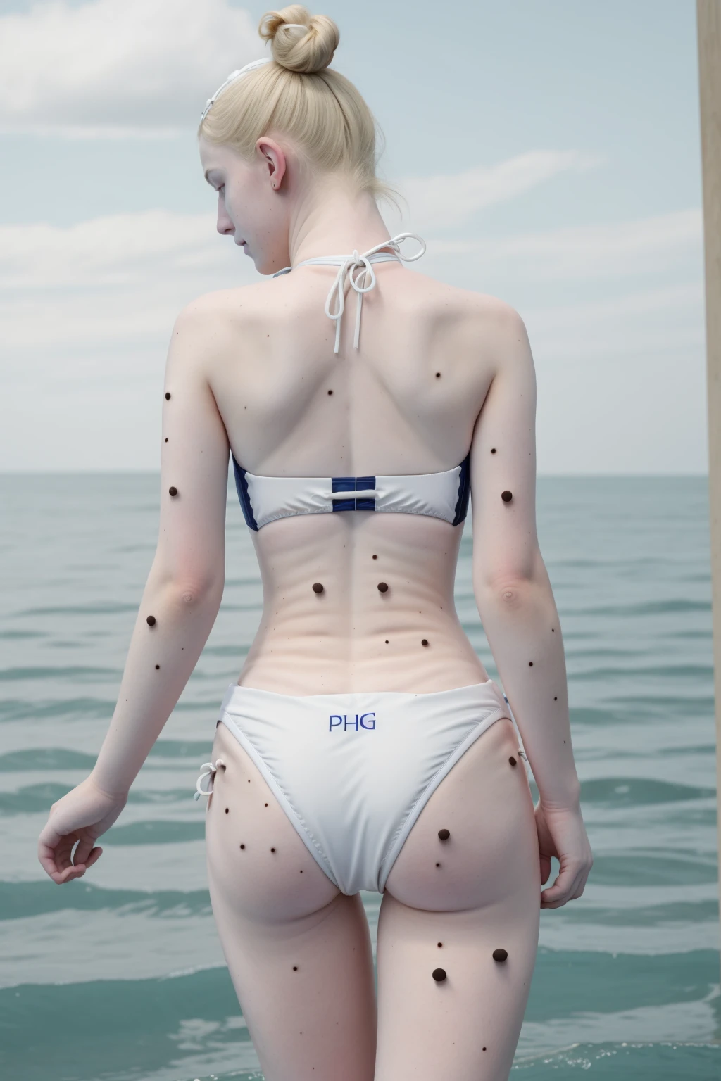 
[Pale:(pale white skin:1.5):3] dbwl woman [(with pale white skin:1.8):6],  [(navy blue:1.2):3] (clean bikini swimsuit:1.8), (dressed:1.3),  [(light blonde:1.4):3] (hair bun:1.4), (Back view:1.2), (medium shot:1.1), (full body shot:.1), head, albino, (sunny:1.1), tundra arctic iceberg background, well lit, [detailed skin:8], fit, photograph, detailed, happy, high resolution, RAW photo, in frame, 

[ BREAK (many_light_flat_moles on her_skin:1.7),:8] 

[BREAK (flat_light_brown_moles on her_skin:.01),:8]

[BREAK (many_flat_light_brown_moles:1.5):20]