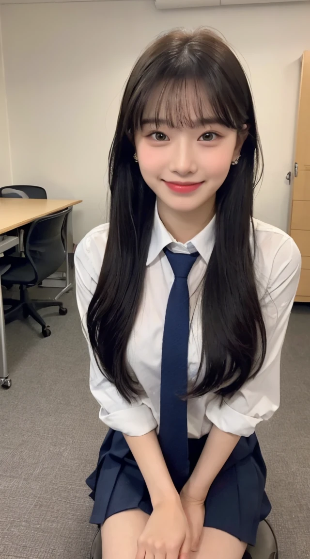 (8k, original photography, top quality, Masterpiece:1.2), a woman、18 year old Japan,whole body.{angle、wide angle}(Realistic skin 1.4)、(((female high school student、Uniforms、)))、{{Classroom}}((Uniforms、knife shirt、pleated skirt、slippers、))、50mm lens、30 mm film、wide angle、(long、ponytail)、(A black-haired one、The forehead is covered by bangs、)、black eyes、shiny skin.Beautiful and delicate face、Beautiful and delicate eyes、{修long身材}、Have one piercing in each ear、((Smile)),((small breasts)), ((Navy blue tie)),((permanent)) ,looking at camera,
information