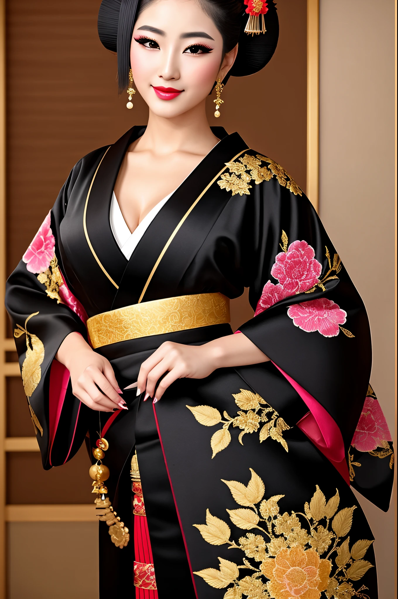 detailed realistic image of 1 young divine and gorgeously decorated oiran, (full body shot:1.5), traditional japanese beauty, sexual (black kimono:1.5) with (((gold))) and pink complex intricate highly detailed traditional pattern, (((traditional intricate geisha hairstyle, hair sticks, kanzashi, kanoko, bira-bira, japanese traditional women's hair ornaments))), flirts with camera, seducing smile, ultra sexy, fancy makeup, heavy eye makeup, red lipstick, big breasts, cleavage, traditional japanese interior, (Best Quality, 16K, Masterpiece, UHD, Ultra quality cinematic lighting, Huge detail, Well lit, 35mm, sharp, hyper realistic, epic scale, insane level of details, beautiful detailed girl, very detailed eyes and face, beautiful detailed eyes, ultra detailed skin, realistic skin)
