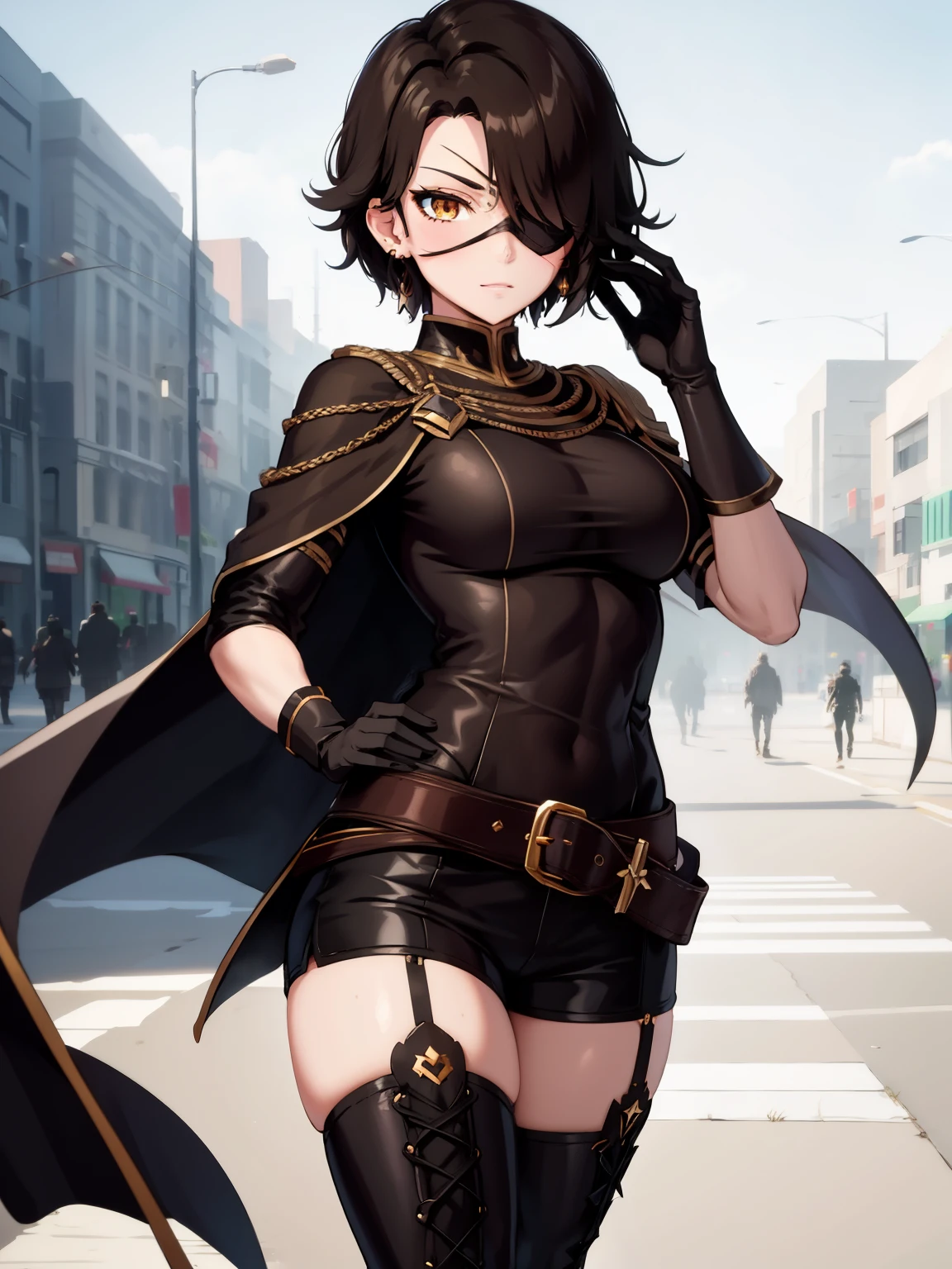 (masterpiecer, best quality, ultra-detailed), CinderFall, yellow eyes, short hair, black hair, hair over one eye, earrings, thighhighs, gloves, jewelry, shorts, black gloves, belt, thigh boots, bandages, black dress, black cape, eyepatch, standing, looking at viewer, solo