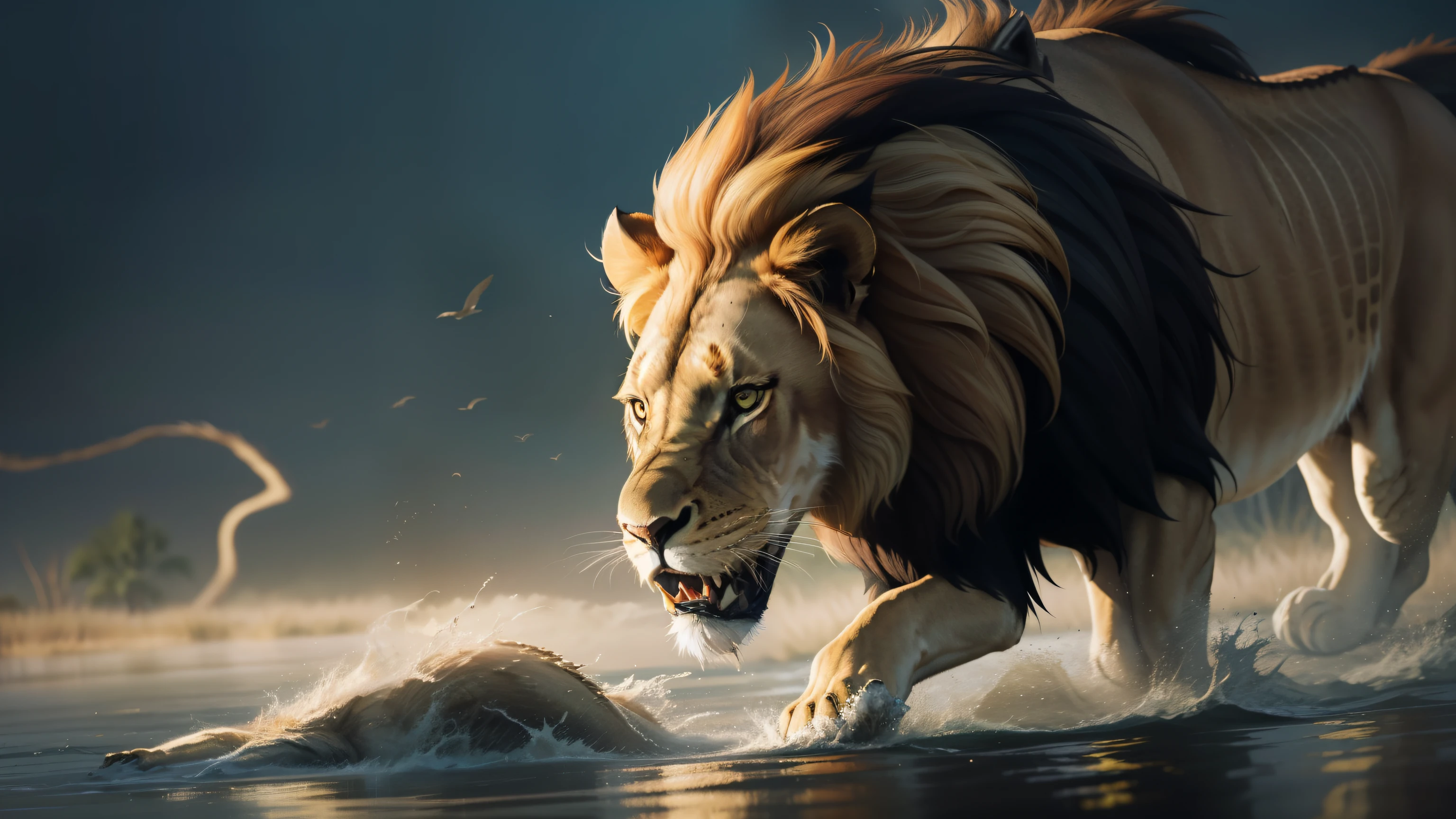 A powerful and majestic lion in full roar, his mane flowing in the wind, prepared to confront an aggressive alligator, lurking ominously in the marshy water below. The rich, vibrant colors of the lion's golden fur contrast sharply with the dark, murky water and the reptilian scales of the alligator. This dynamic and hyper-detailed illustration captures the intense energy and raw power of the lion and the cunning threat of the alligator, in a seamless watercolor painting. Isometric style, 8k, concept art, artstation, deviantart, dribble, redbubble, teepublic, sharp focus.