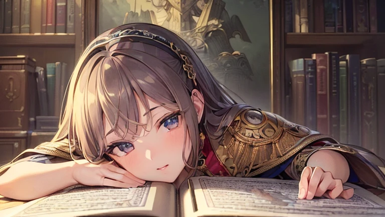 (masterpiece, best quality, high resolution, high quality, super fine illustration, ultra detailed illustration:1.5), detailed skin, detailed face, detailed eyes, detailed background, Reyvateil, alone, She is nestled among many books, (long shot:1.2),