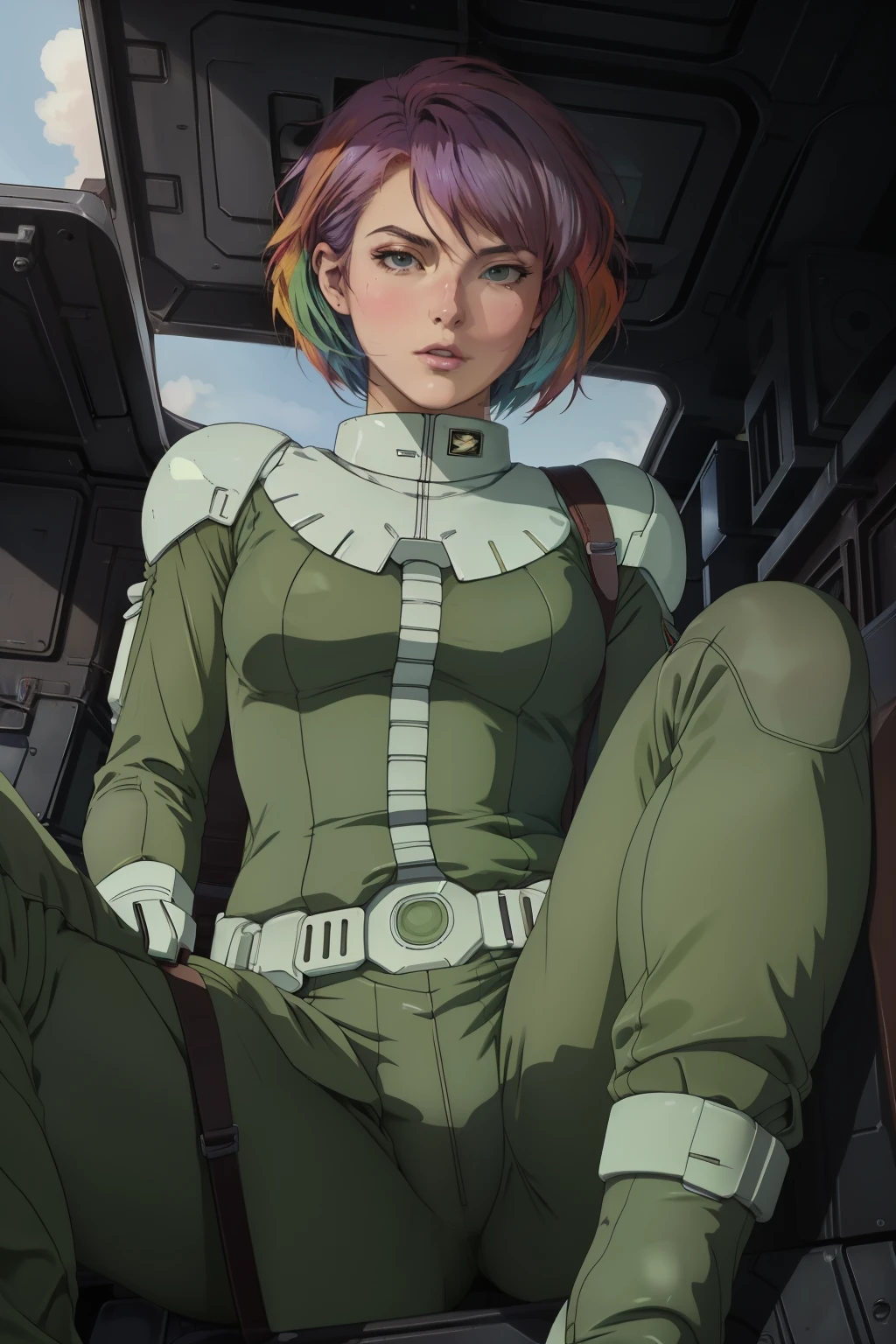 original character,good anatomy, masterpiece, best quality,realistic, hyperrealistic, 16k hdr,photorealistic, cinematic, zeon pilot, cockpit view, 20yo,beauty woman,(bright colored hair,short cut:1.2),green flight suit,medium breasts,from below,sitting,spread legs,pussy focus