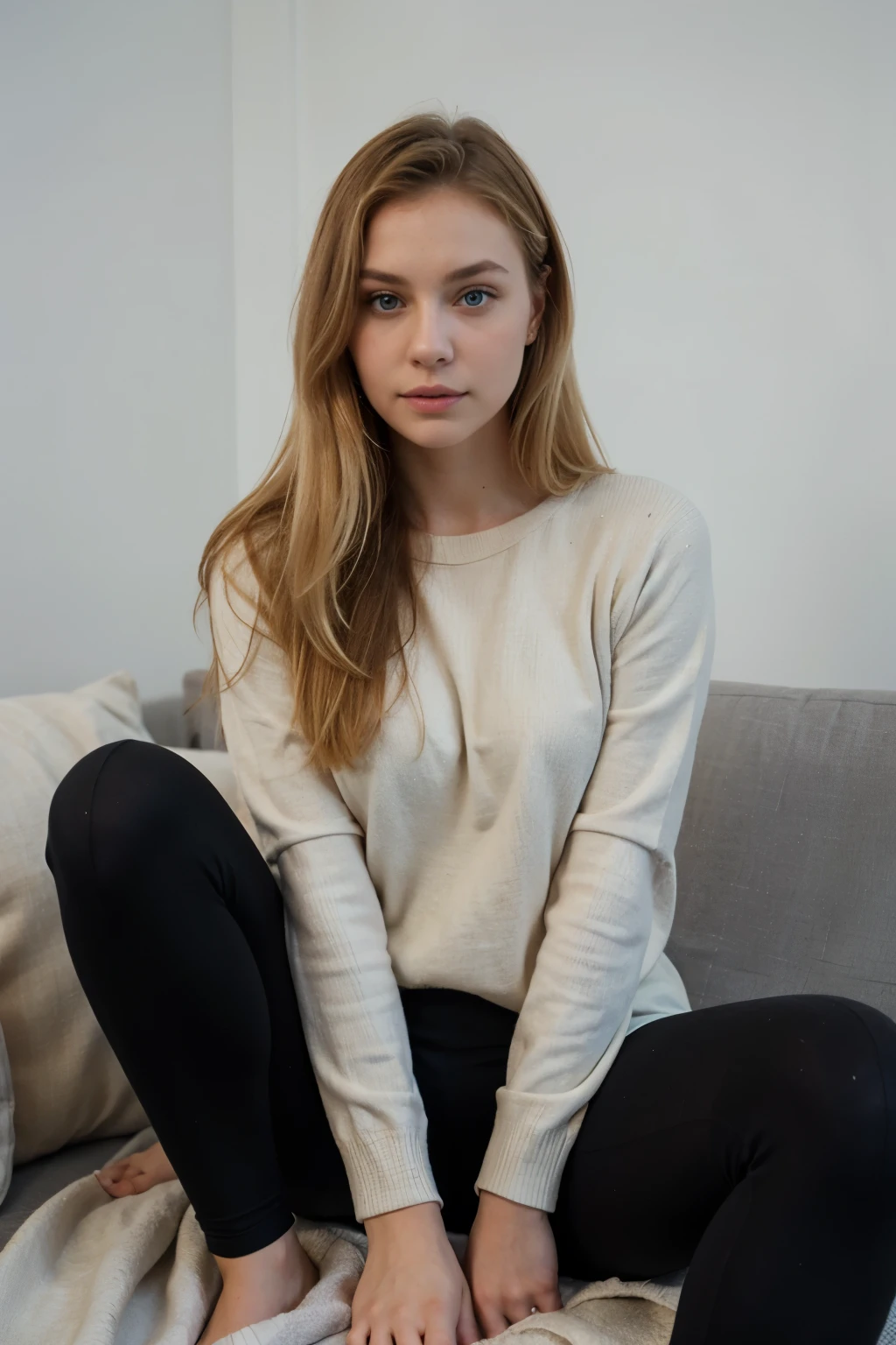 Extremely realistic blonde Russian girl with blonde hair and blue eyes, wearing a detailed jumper, black legging, upper body, sitting on a sofa with a blanket