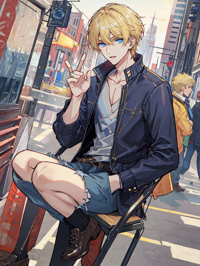 a handsome man,adult,blond,blue eyes,clavicle,Jacket,casual gesture,long legs,