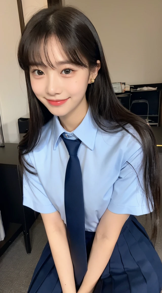 (8k, original photography, top quality, Masterpiece:1.2), a woman、18 years old Japan,whole body.{angle、wide angle}(Realistic skin 1.4)、(((female high school student、uniform、)))、{{Classroom}}((、knife shirt、pleated skirt、slippers、))、50mm lens、30 mm film、wide angle、(long、ponytail)、(A black-haired one、The forehead is covered by bangs、)、black eyes、shiny skin.Beautiful and delicate face、beautiful and delicate eyes、{修long身材}、Have one piercing in each ear、((Smile)),((small breasts)), ((Navy blue tie)),((Everlasting)) ,looking at camera,
information