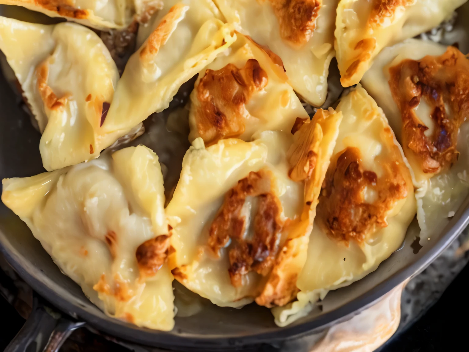 a close up of a pan filled with dumplings and sauce, dumplings on a plate, easy, luscious with sesame seeds, 3 4 5 3 1, cooked, paisley, melted cheese, 4 0 9 6, chinese, ❤🔥🍄🌪, inspired by Géza Dósa, momoshiki ōtsutsuki, mangy, stuffed