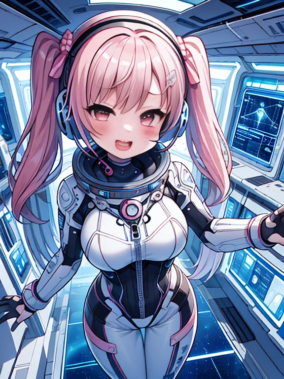 very detailed、masterpiece、high quality、one high school girl、12 years old、、(White and pink spacesuit)、front zipper、(futuristic, Tight Fit Bodysuit)、headphone、Cyberpunk space station interior background、(Colorful pink hair),ロングtwin tails, (pink eyes), change,twin tails,sassy change，cheey change，mesugaki,girl,天才girl、(big breasts):1.0,(blush):1.1、Hello、