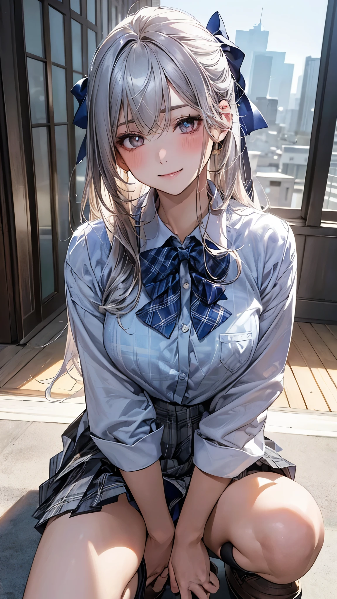 (masterpiece:1.2, top-quality), (realistic, photorealistic:1.4), beautiful illustration, (natural side lighting, movie lighting), nsfw,
looking at viewer, panty shot, front view:0.6, 1 girl, japanese, high school girl, perfect face, cute and symmetrical face, shiny skin,
(long hair:1.5, messy hair:1.2, silver hair), swept bangs, gold eyes, drooping eyes, long eye lasher, (large breasts:0.6),
beautiful hair, beautiful face, beautiful detailed eyes, beautiful clavicle, beautiful body, beautiful chest, beautiful thighs, beautiful legs,
((symmetrical clothing, light blue collared shirts, grey pleated skirt, blue plaid bow tie), pink panty, ), black socks,
(beautiful scenery), morning, school rooftop, squatting, spread legs, (lovely smile, upper eyes),