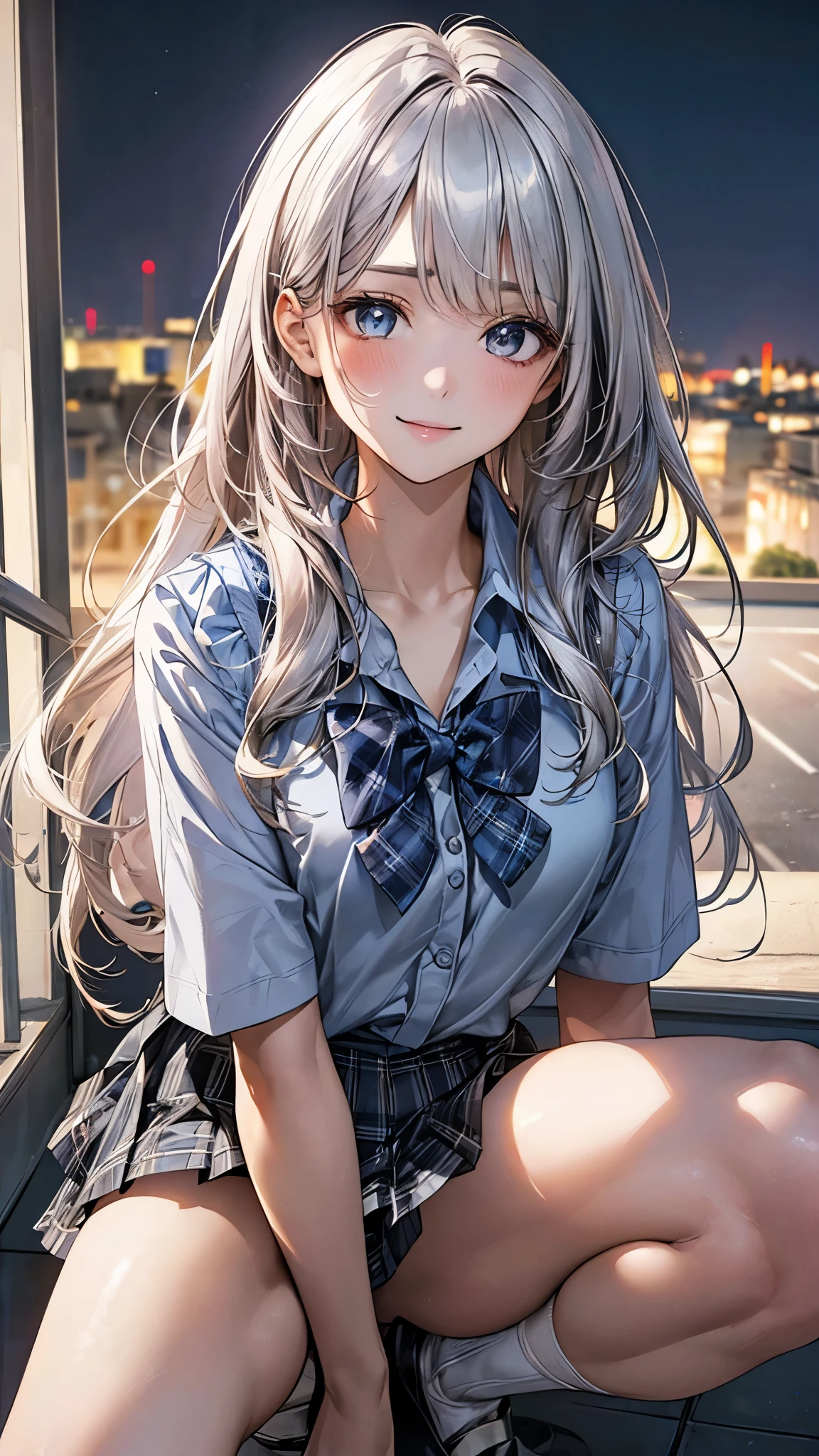 (masterpiece:1.2, top-quality), (realistic, photorealistic:1.4), beautiful illustration, (natural side lighting, movie lighting), nsfw,
looking at viewer, panty shot, front view:0.6, 1 girl, japanese, high school girl, perfect face, cute and symmetrical face, shiny skin,
(long hair:1.5, messy hair:1.2, silver hair), swept bangs, gold eyes, drooping eyes, long eye lasher, (large breasts:0.6),
beautiful hair, beautiful face, beautiful detailed eyes, beautiful clavicle, beautiful body, beautiful chest, beautiful thighs, beautiful legs,
((symmetrical clothing, light blue collared shirts, grey pleated skirt, blue plaid bow tie), pink panty, ), black socks,
(beautiful scenery), morning, school rooftop, squatting, spread legs, (lovely smile, upper eyes),
