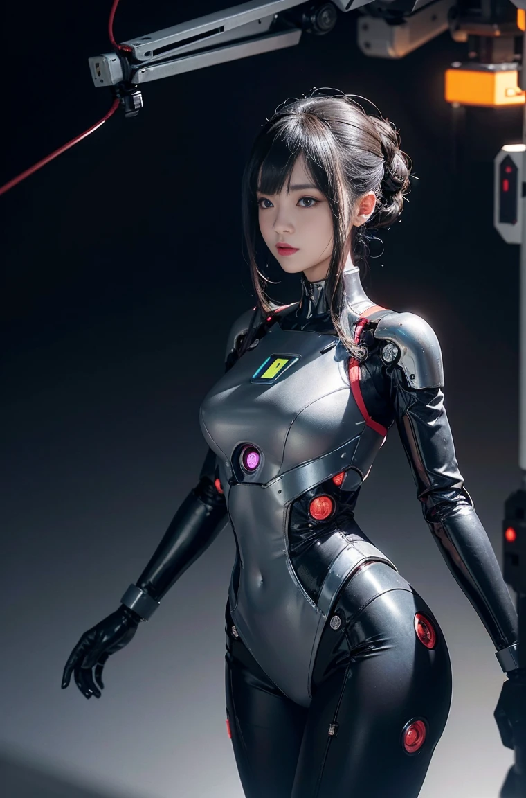 (lifelike:1.4), (original photo)masterpiece, best quality, Very detailed, (8k, 4K, best quality, high resolution, 超high resolution:1.1), 8k portrait,1 girl in, Japaese Android girl,announcer,full ,金属robot女孩,银色robot女孩, control Panel,Android,robot,Manipulator, robot手臂和腿, black hair,Mechanical body,blunt bangs,白色robot零件,完美的robot女人,charging point,long tube,A thick cable is attached to her neck,Android,robot人形,a little fat,Full eyes,perfect mechanical Silver body,银色robot身体,The assembly plant of the future,she has fixed it,Black sponge connector,Android assembly plant,Android,laboratory,Perfect body,Metal body,Silver body,silver man,Removable cover located at groin,The connection port is located in the groin,Perfect mechanical breasts,One-piece suit,