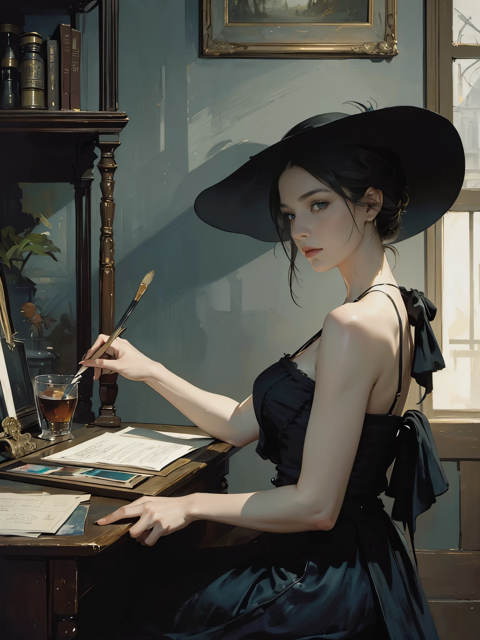 painting of woman, with influence of Jeremy Mann, Jeremy Mann, style of Jeremy Mann, Jeremy Mann painting, Jeremy Mann art, Ron Hicks, Liepke, Jeremy Mann and alphonse mucha, Works that influenced Edmund Blampid, robert lenkiewicz, Casey Baugh and James Jean, Works that influenced Willem Kalf, Nick Alm, tumbler, figurative art, Intense watercolor painting, watercolor detailed art,Beautiful and expressive paintings, Beautiful artwork illustration, wonderful, cool beauty, highest quality, official art, perfect composition,perfect angle, best shot, female solo, sharp outline, melancholy, nostalgia, nostalgia,Eyes without pupils, color eye, ideal anima, In search of lost time, marcel proust, sentimental, Full body Esbian, The vague boundary between past and present, recall, Paris in the first half of the 20th century, Montmartre, mysterious, mysterious