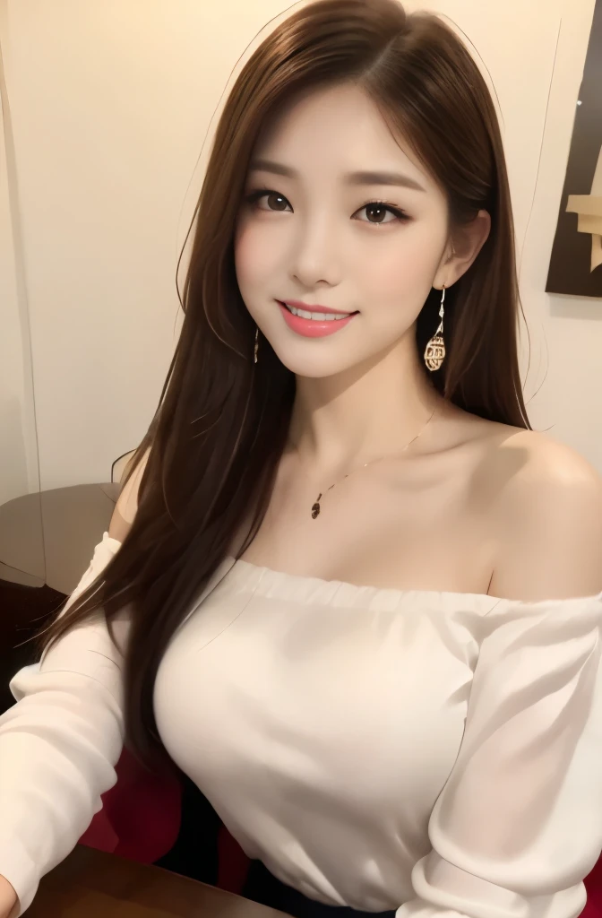 (24 year old lover), (big breasts:1.3),   (Have a sumptuous dinner in front of you、wine glass in front)、(classy and cute girl:1.3), (Wearing an off-shoulder white silk blouse:1.2), (orange flare skirt:1.2), (slender body shape:1.1), beautiful clavicle,(masterpiece: 1.3), (maximum resolution: 1.4), (Super high quality: 1.2), cinematic light, Super high quality,make one&#39;My cheeks turned red:1.2、 (beautiful eyes and skin), (detailed facial features), 8K resolution, perfect style, beautiful expression、Highly detailed face and skin texture、fine eyes、double eyelid、glitter eyeliner:1.2、shiny skin、pure white skin:1.8、white skin:1.8、red rouge、dark lipstick:1.2、small shiny necklace and earrings、glossy lips:1.2、glossy lips:1.2、((full body shot:1.2))、(straight hairstyle、light brown hair)、long hair、(very charming smile:1.2)、night、later