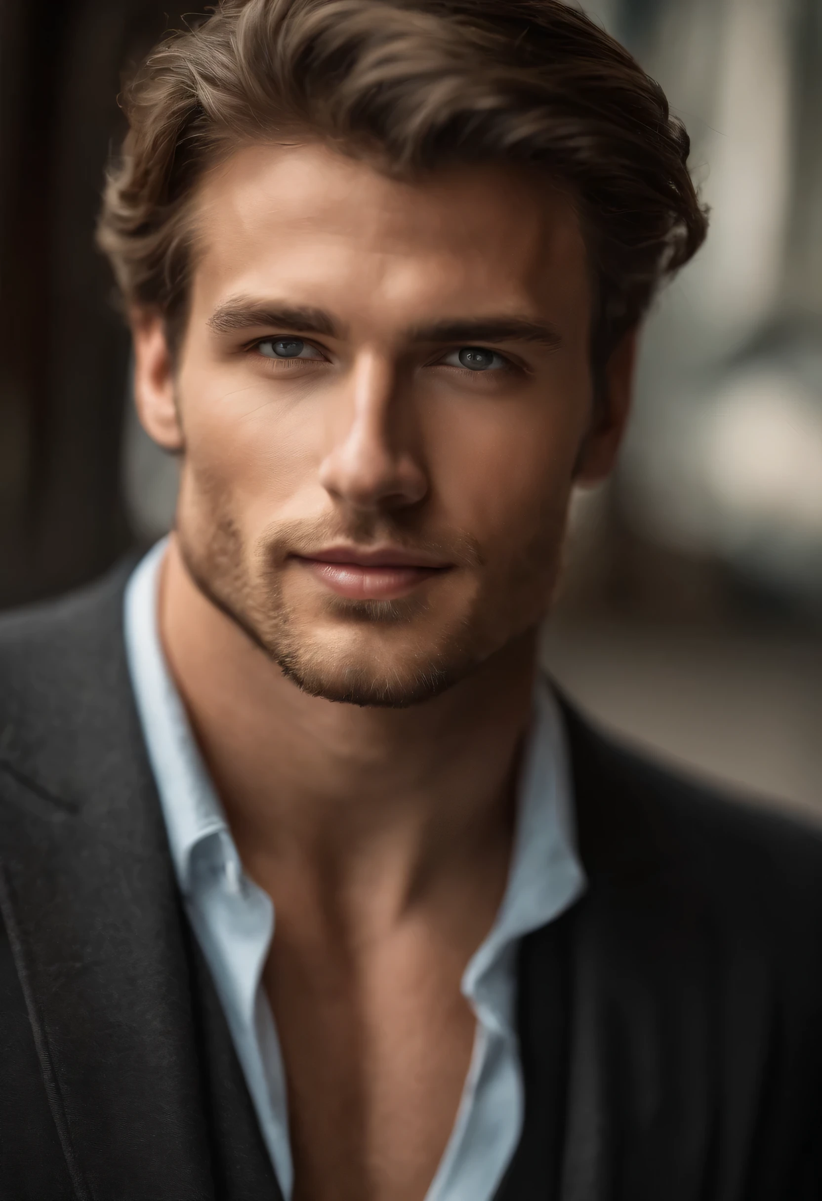 Breathtaking cinematic photo of a 30 year old man with braune Haare and braune Augen, Happy, happy expression, geschlossenen Mund, Nice lips, Komplizierte Details, shallow depth of field, Sehr detailliert, Hohes Budget, epischer Hollywoodfilm, beautiful, Meisterwerk, award-winning, Fachmann, Sehr detailliert, detaillierte Hautstruktur, (Blush: 0.5), (Goose flesh: 0.5). (the most Nice man in the world) (braune Haare) (Kurzes lockiges Haar, Wildes Haar, stilvoller Schnitt) markantes Gesicht, schmale Nase, Nice, very Nice, perfekt face, schlank body (schlank), (braune Haare) (braune Augen ) (White skin) Nice body, Westwand, predatory eyes, westliche Niceheit, Nice, perfekt, ((best quality)), ((Ultra resolution)), ((fotorealistisch: 1.4)), (Komplizierte Details), perfekt face, bilden: 1.5 , klares Gesicht, Gesichtsdetails. Vorderansicht ((Outdoor gear, business outfit, dinner outfit))