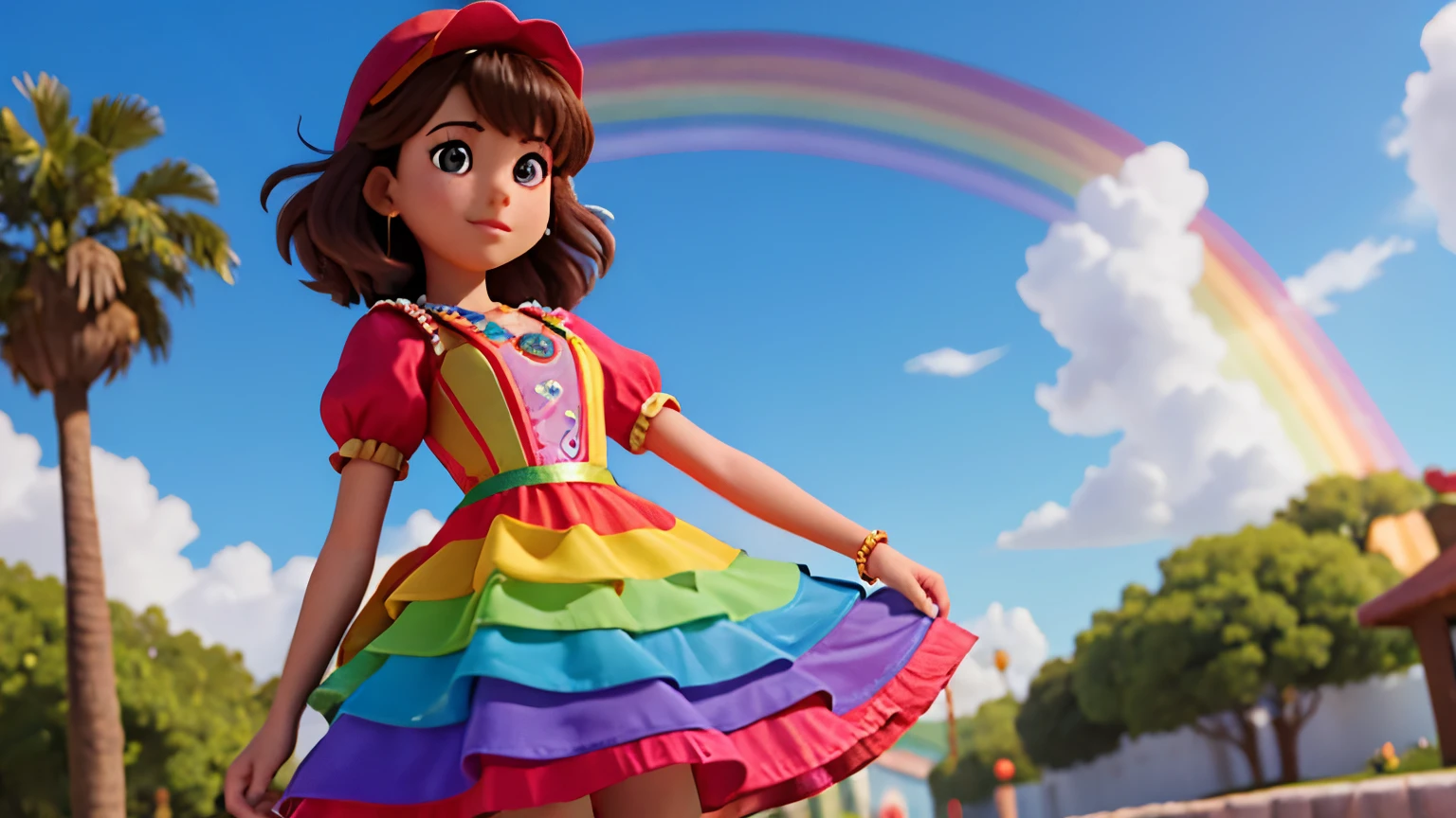 18-year-old Peincesa in an enchanted kingdom and rainbow-colored dress 8k, alta qualidade